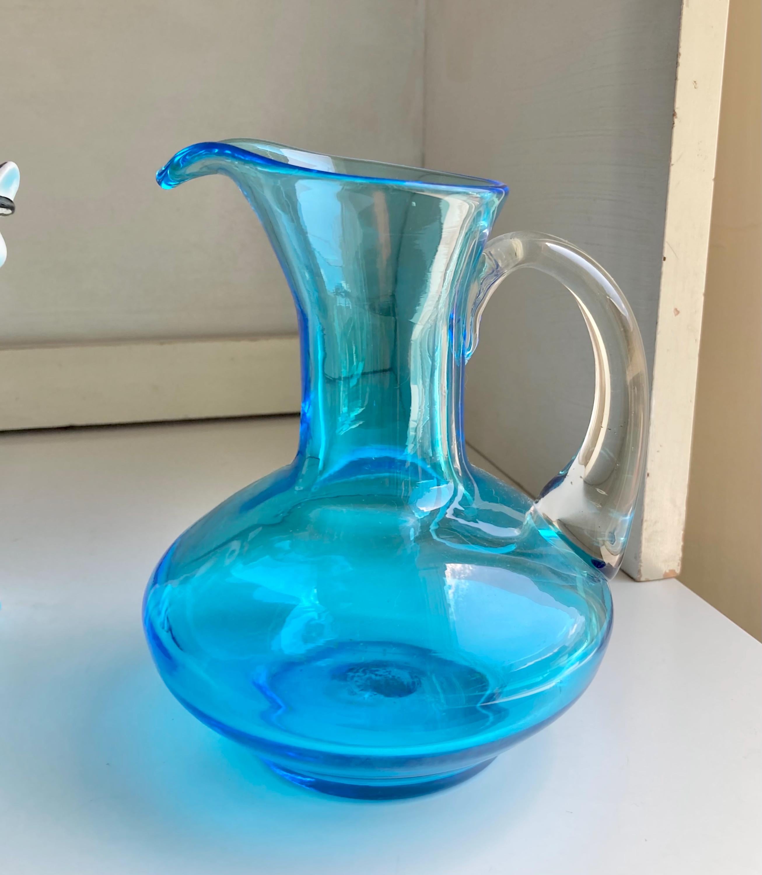 Vintage Blown Blue Glass Pitcher: Applied Clear Handle, Broad Base
