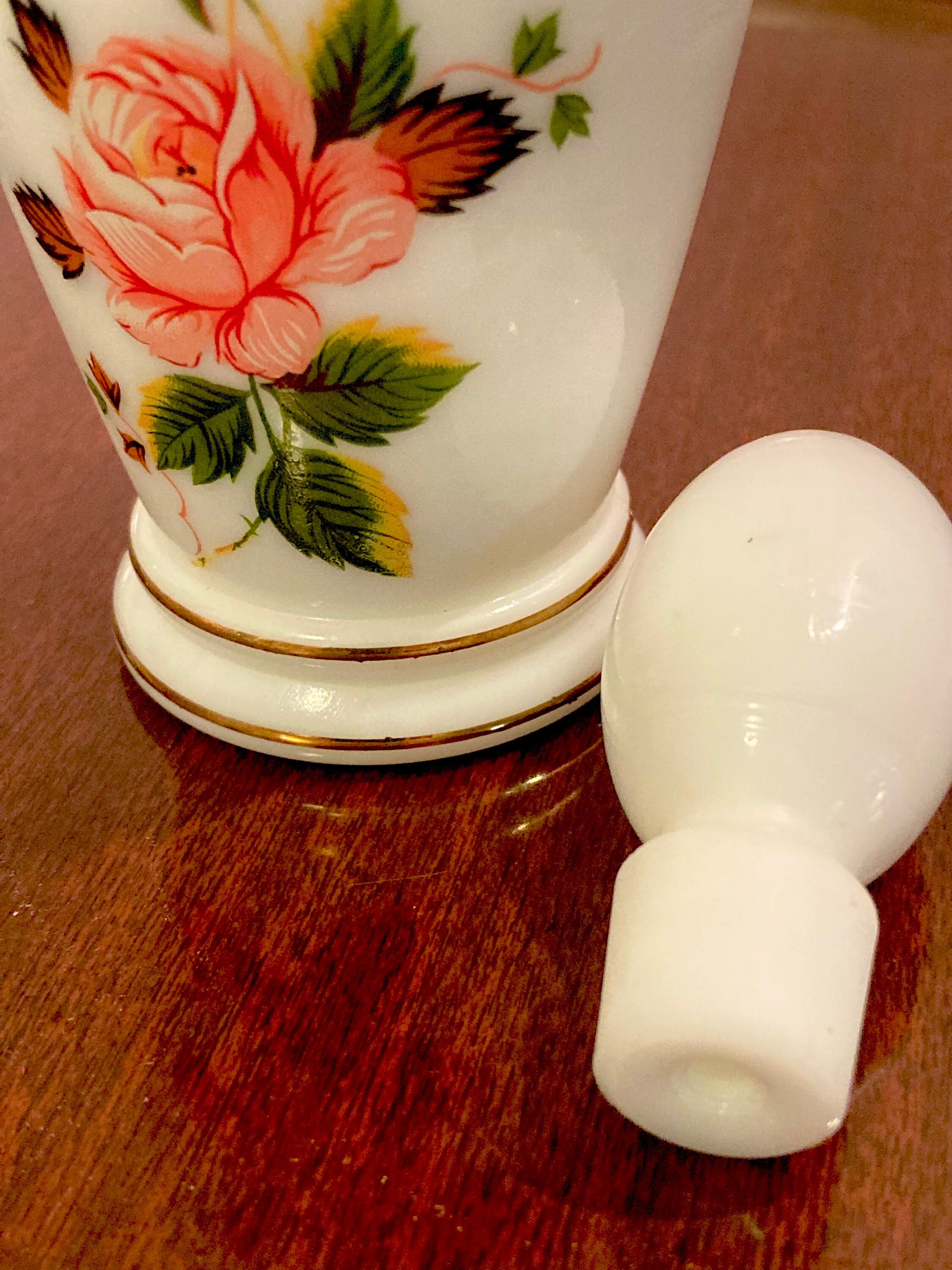 Vintage Waltersperger Milk Glass Perfume Bottle: Floral Appliqué, France