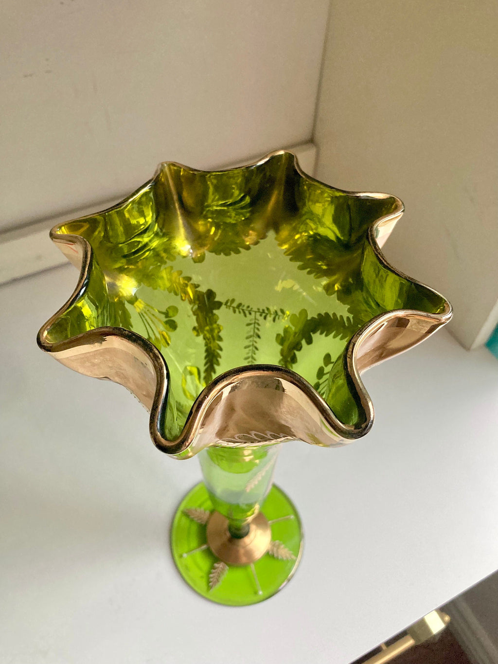 Bohemian Green Glass Ruffled Vase: Gilt Floral Hand-Painted Decor