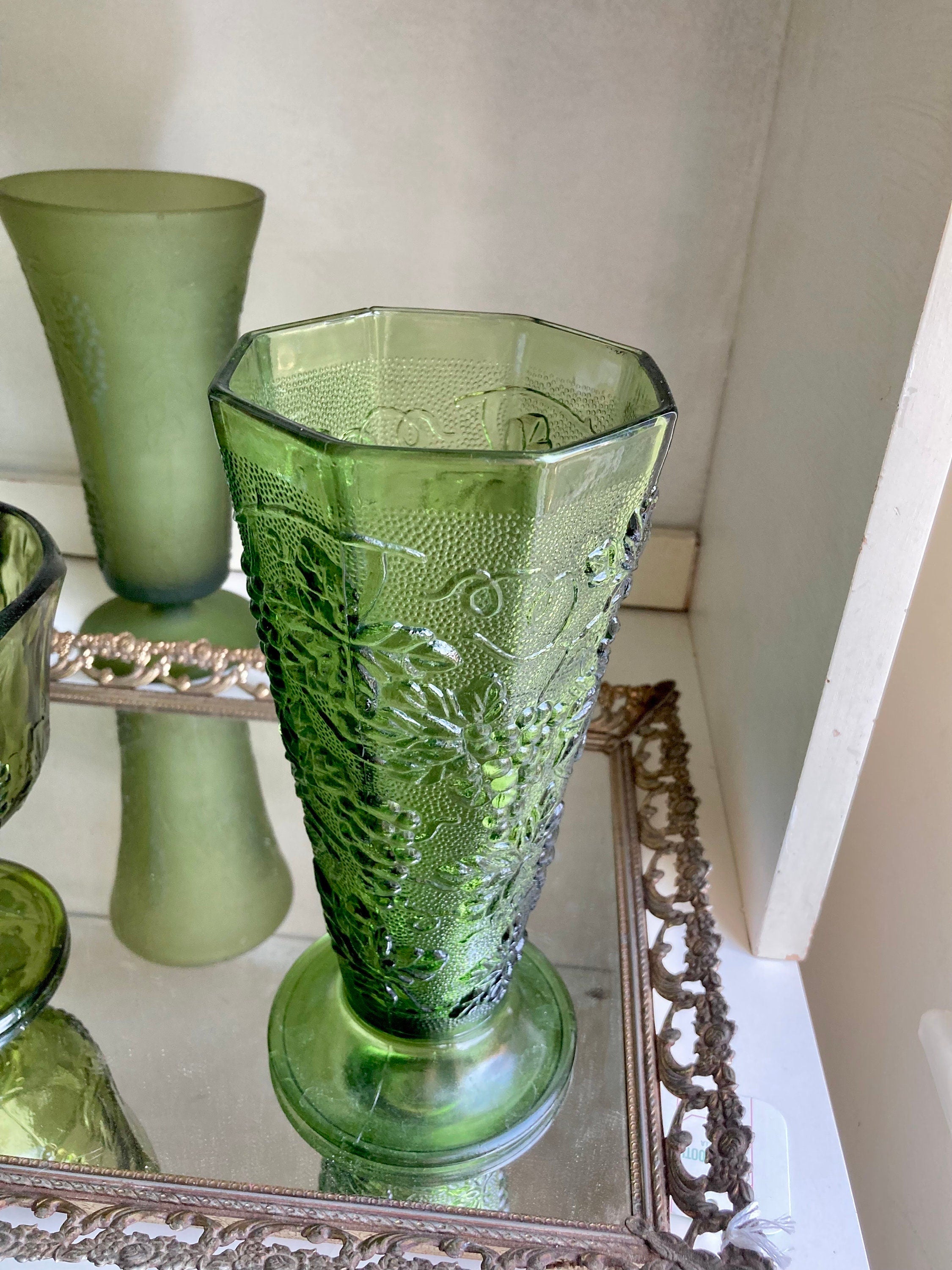 Vintage Green Glass Harvest Grape Pattern Pedestal Vases and Compote: Choose from 4
