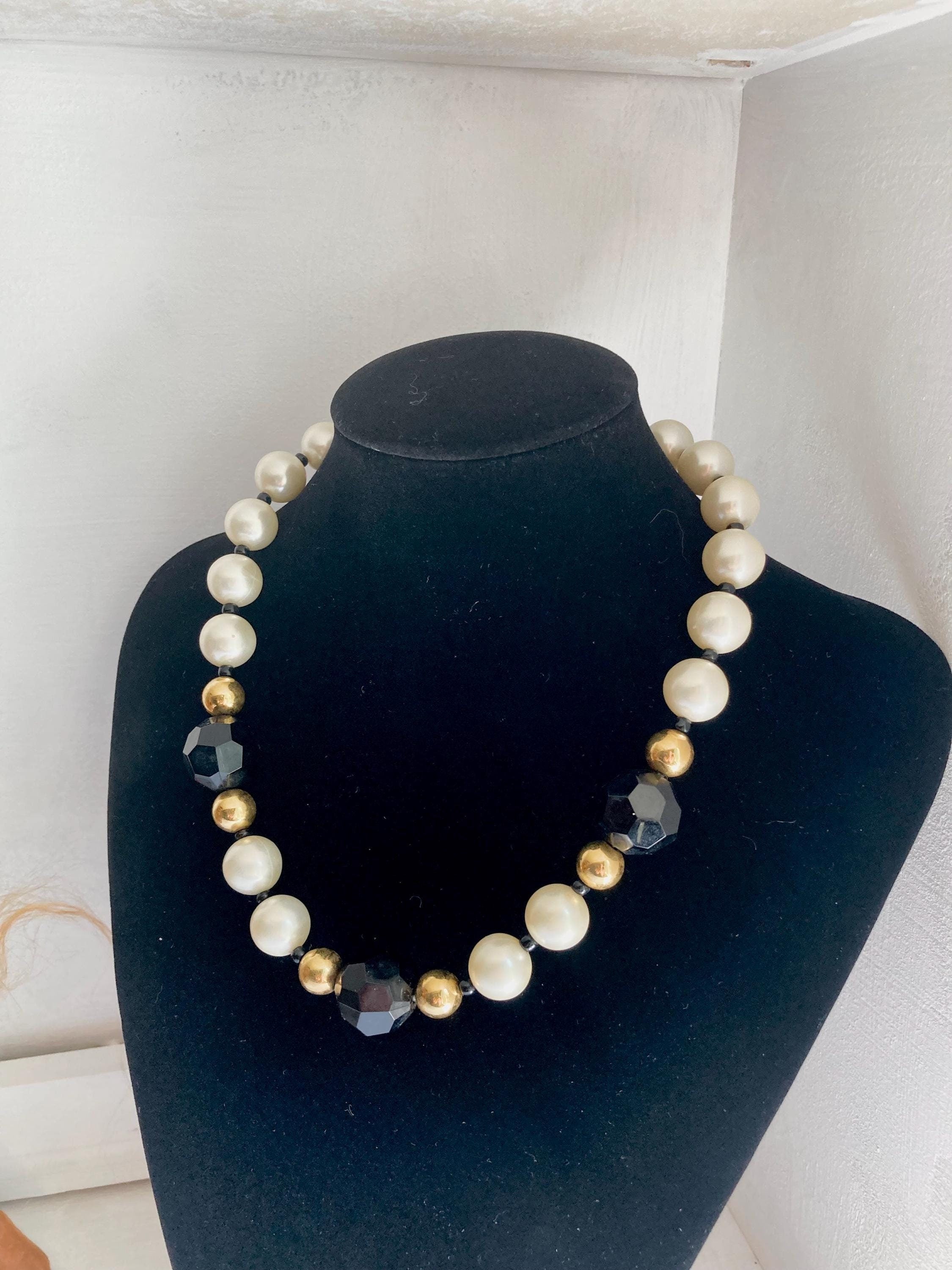 1980s AVON Beaded Necklace: Faux Pearls & Black Beads