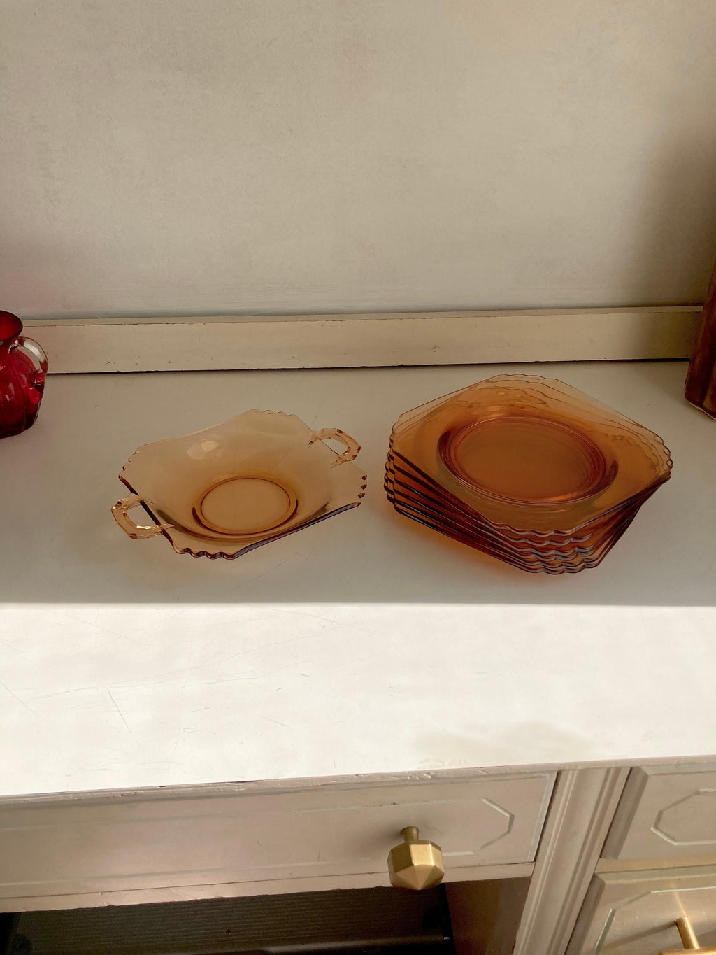 Vintage Fostoria Mayfair Honey Amber Glass Plate Set: Luncheon Plates & Relish Dish