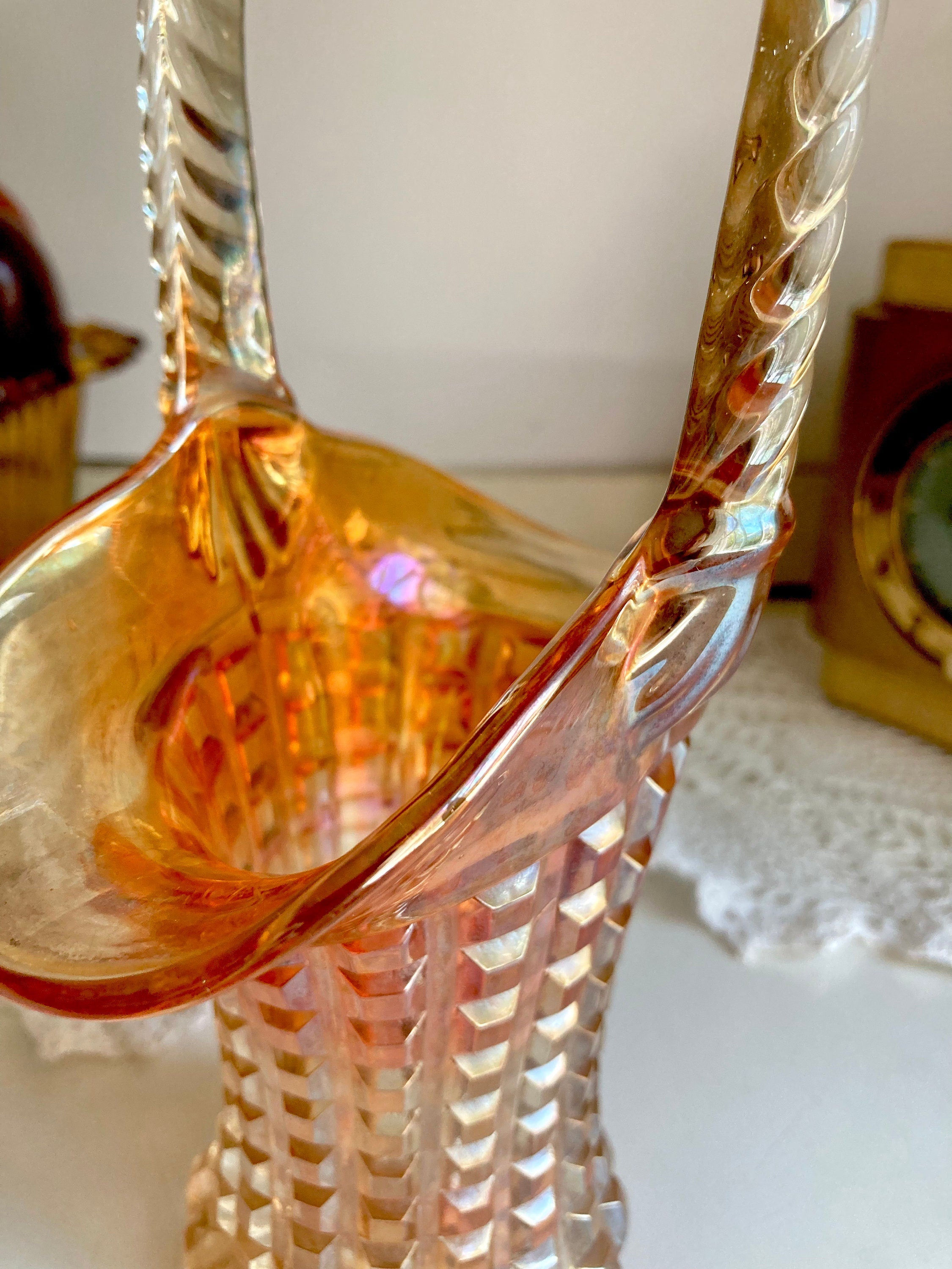 Vintage Imperial Marigold Carnival Glass Basket Vase: Waffle Block Pattern, Braided Handle