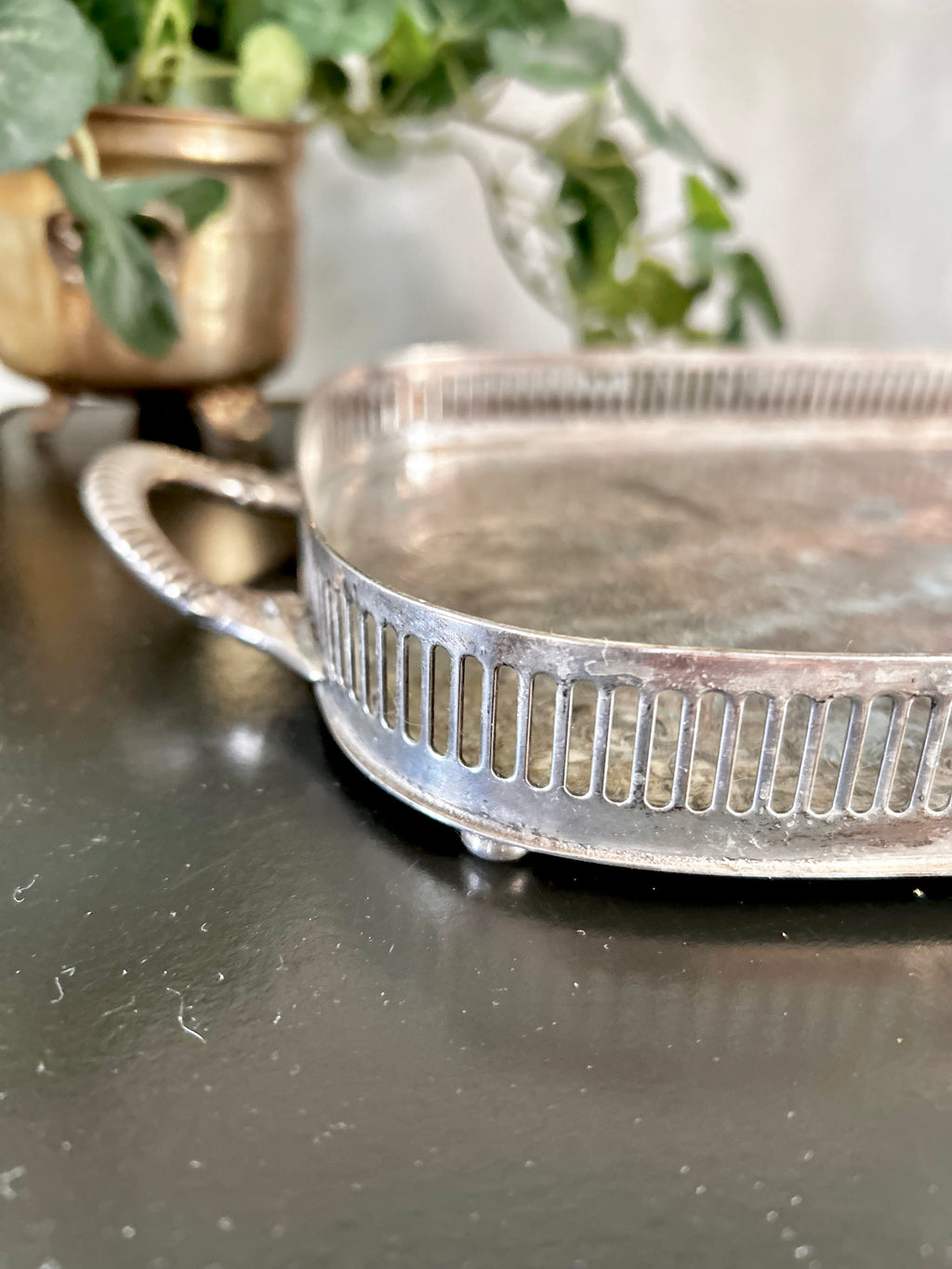 Small Vintage Silver plate Tray with Reticulated Raised Rim