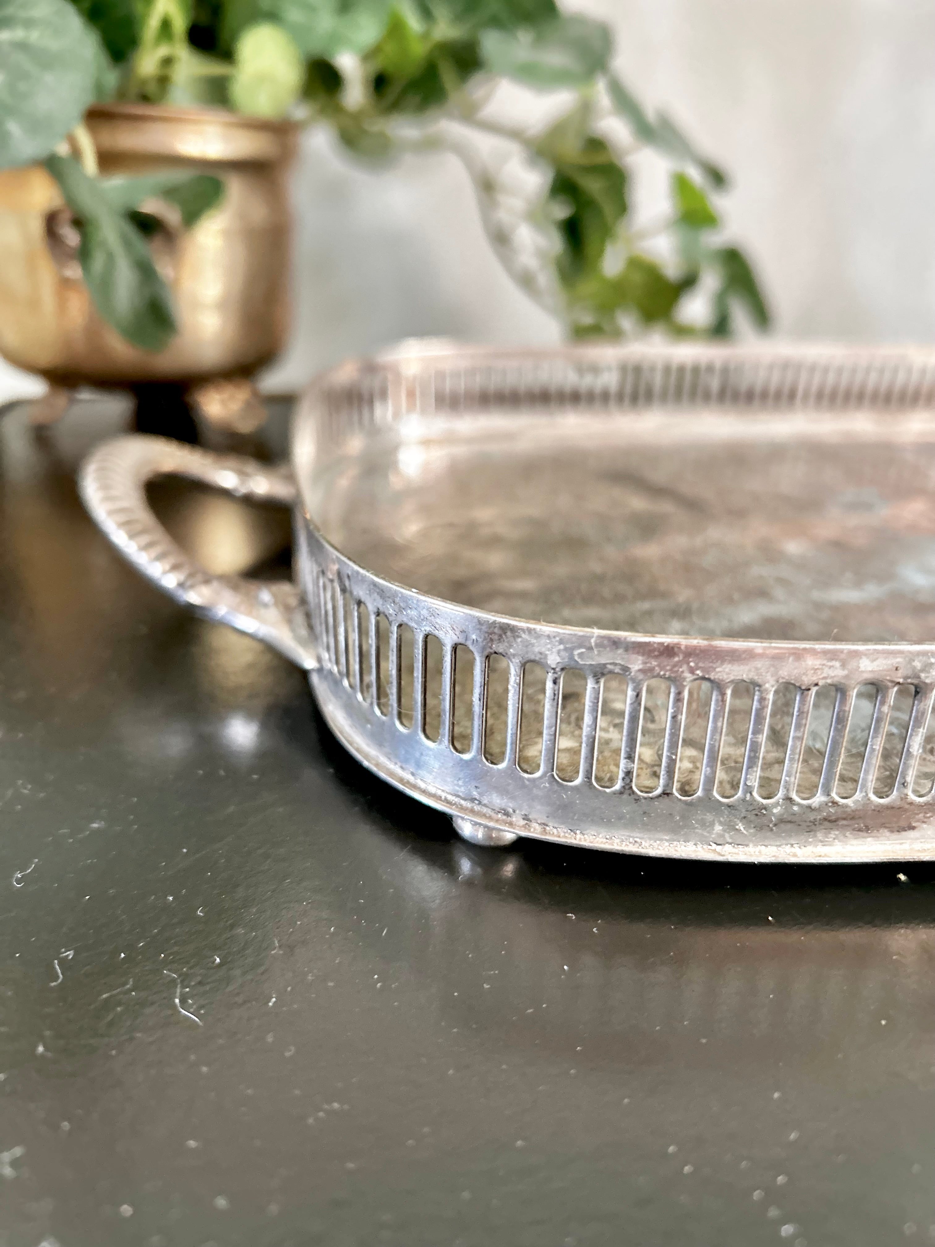 Small Vintage Silver plate Tray with Reticulated Raised Rim