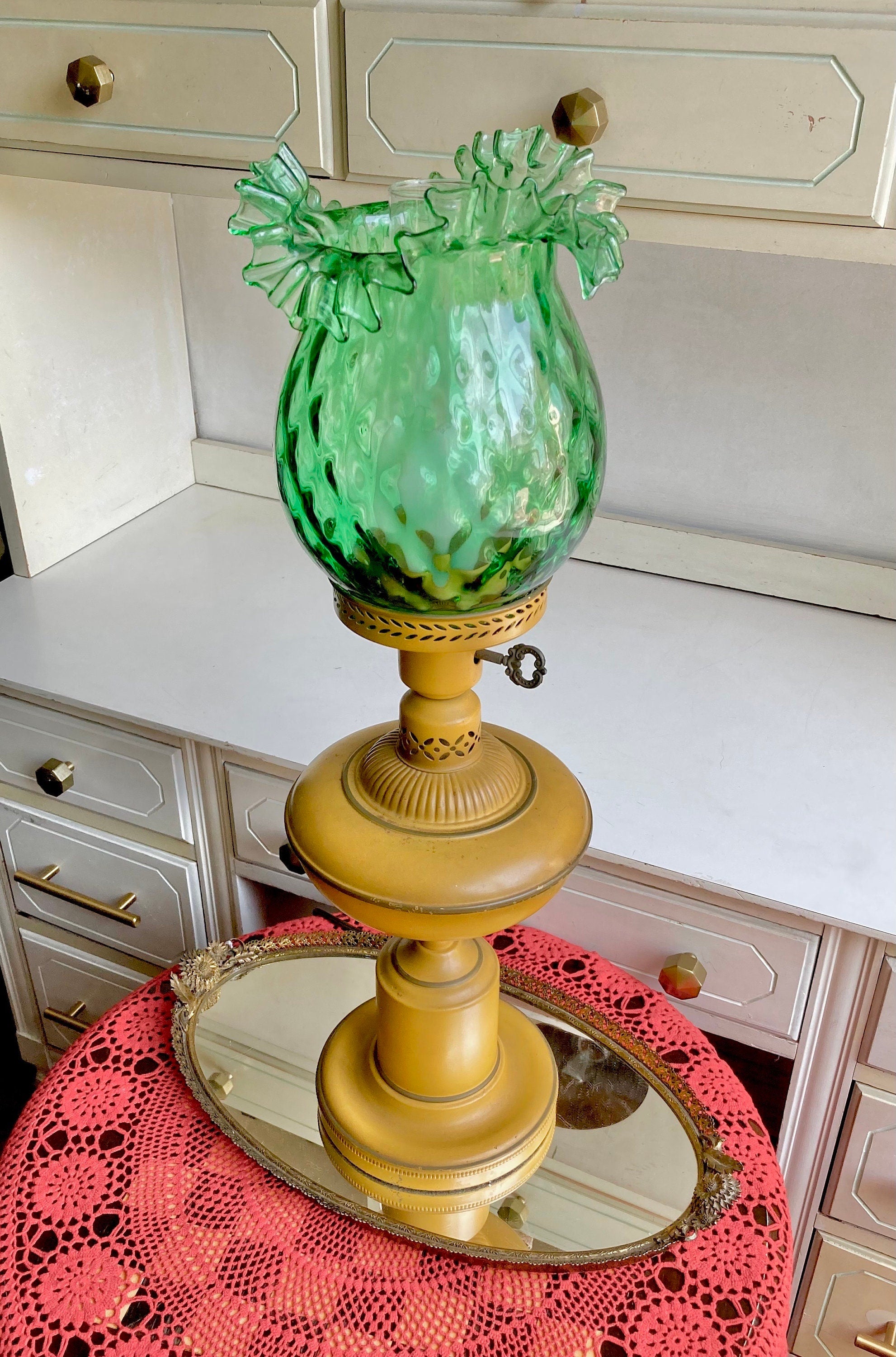 Vintage Hurricane Lamp - Dark yellow metal base, Optic Green Blown Glass Crimped Shade