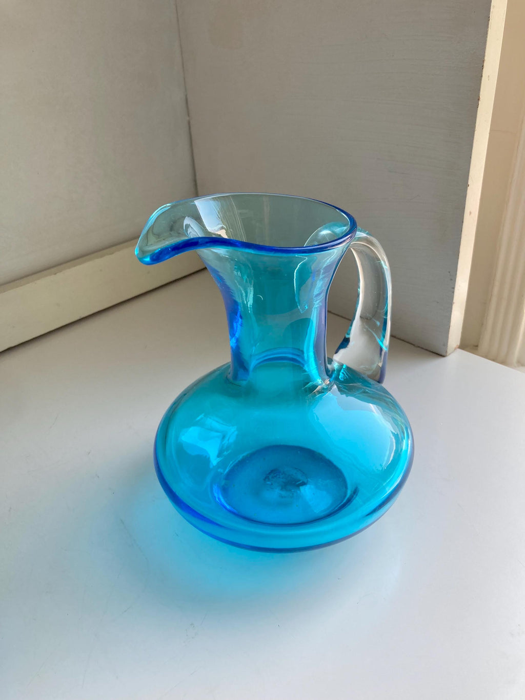 Vintage Blown Blue Glass Pitcher: Applied Clear Handle, Broad Base