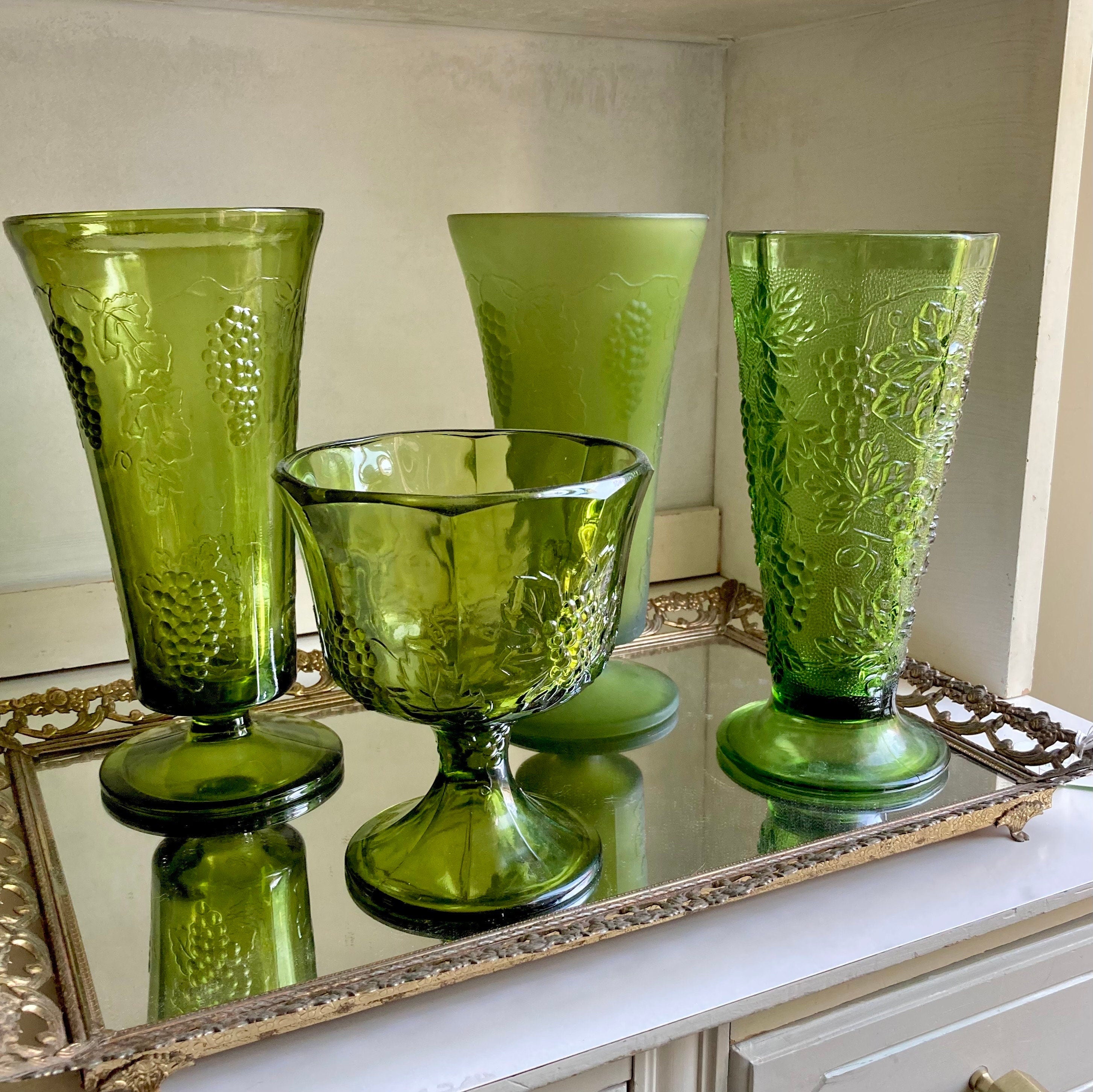 Vintage Green Glass Harvest Grape Pattern Pedestal Vases and Compote: Choose from 4