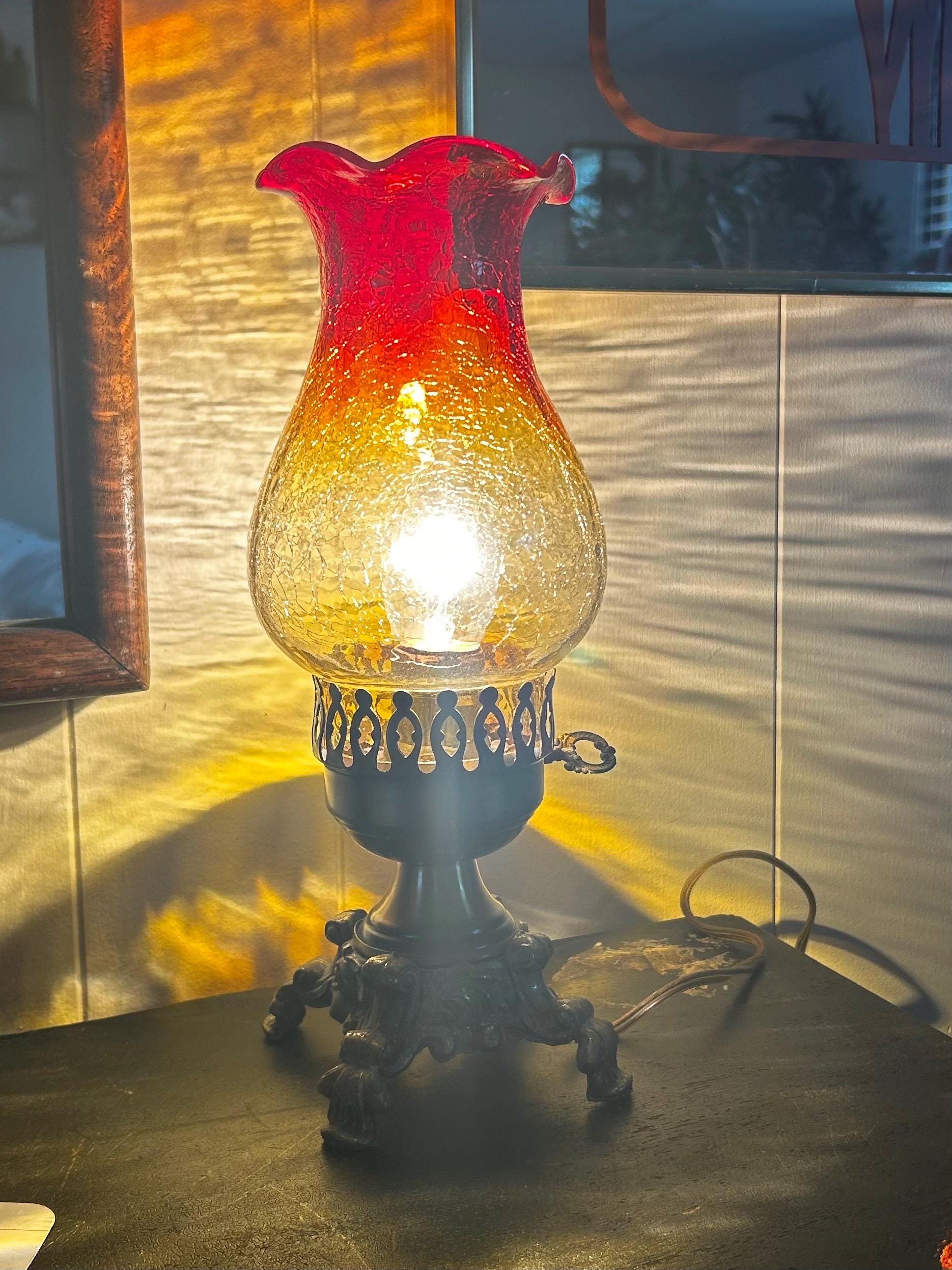 Vintage Amberina Crackle Glass Electric Hurricane Lamp: Brass Base, Ruffled Shade
