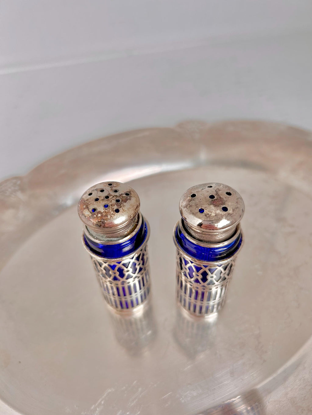Vintage Cobalt Blue Glass Salt and Pepper Shakers - Silverplate Sleeves