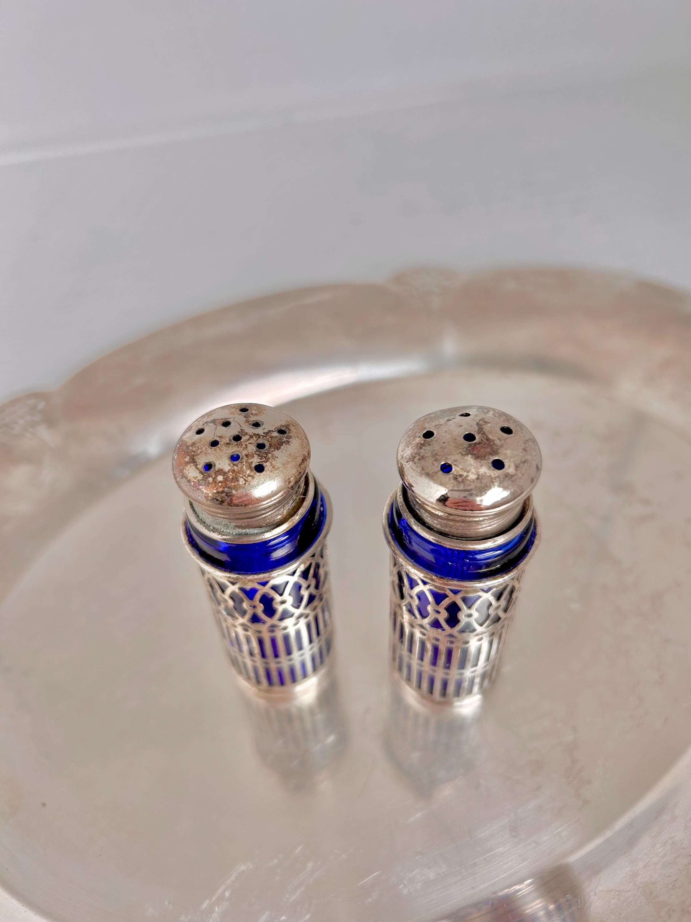 Vintage Cobalt Blue Glass Salt and Pepper Shakers - Silverplate Sleeves