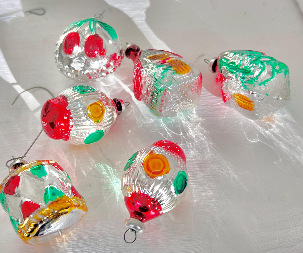 Set of Six Miniature Silvered Glass Ornaments West Germany