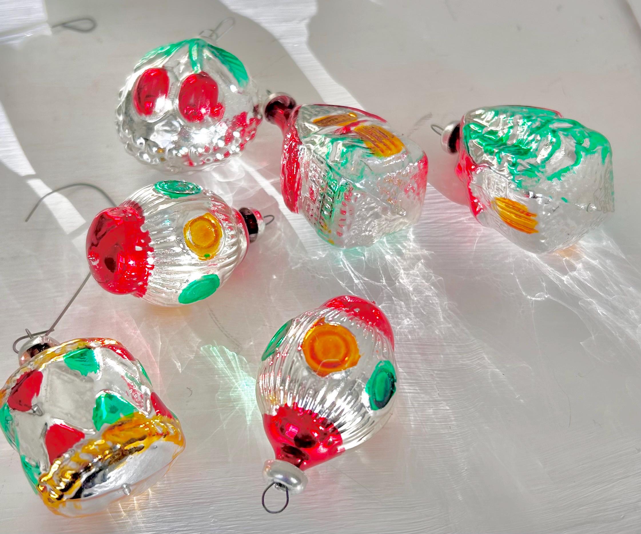 Set of Six Miniature Silvered Glass Ornaments West Germany