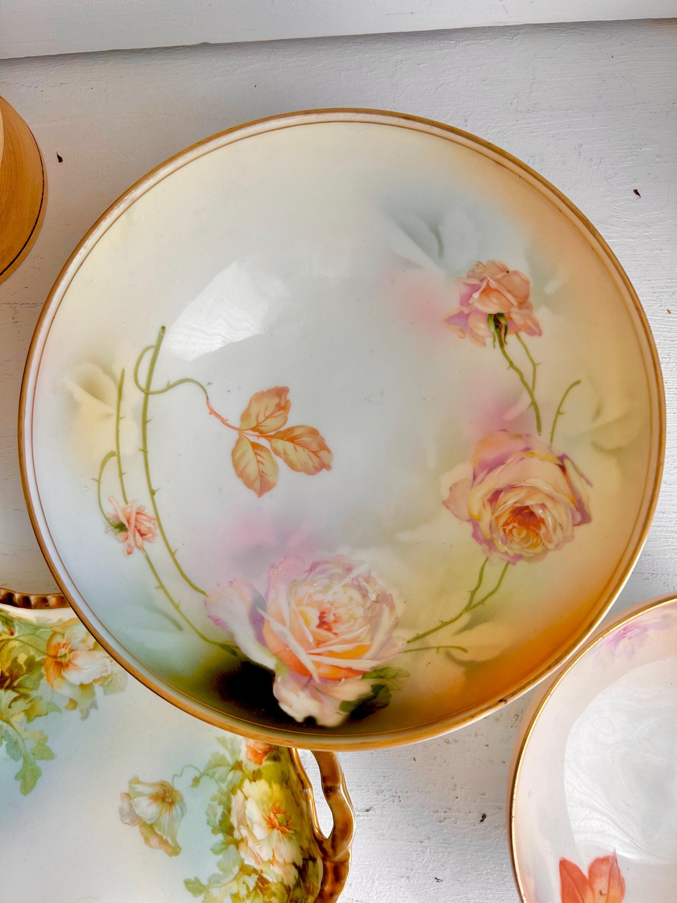 Antique Royal Rudolstadt Prussia Porcelain Bowls: Hand-Painted Rose Floral, Gilt Footed - Set of 2