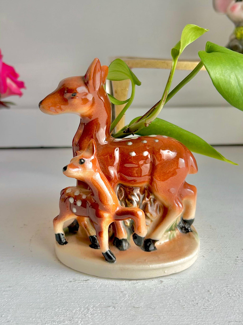 Vintage Ceramic Deer Planter: Mid-Century Doe and Fawn Flower Container