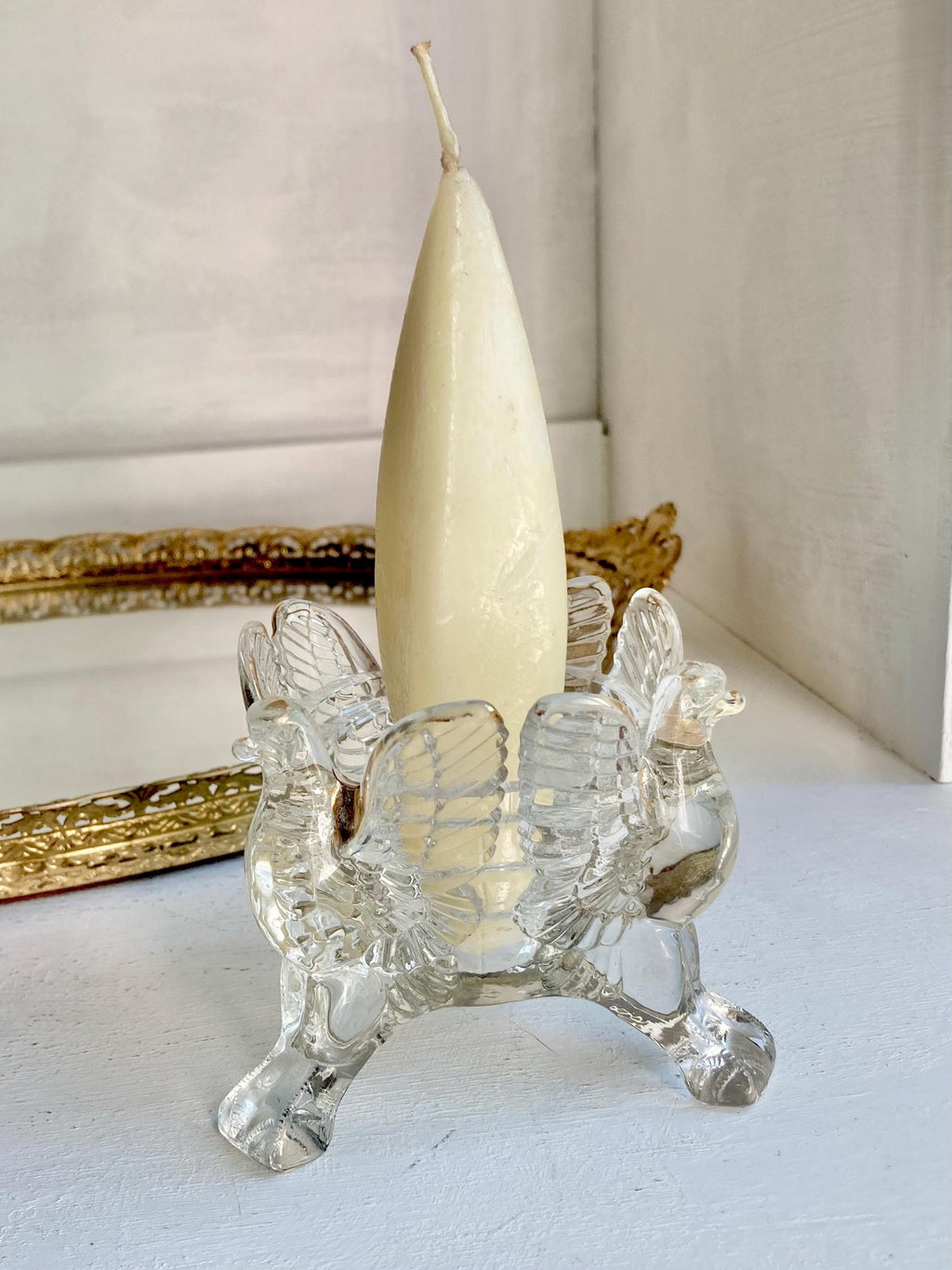 Vintage Jeanette Glass Three Eagles Candle Holder with Gold Trim