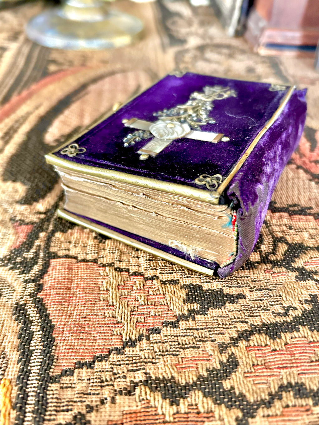 Antique 1880s Velvet Brass Pocket Prayer Book