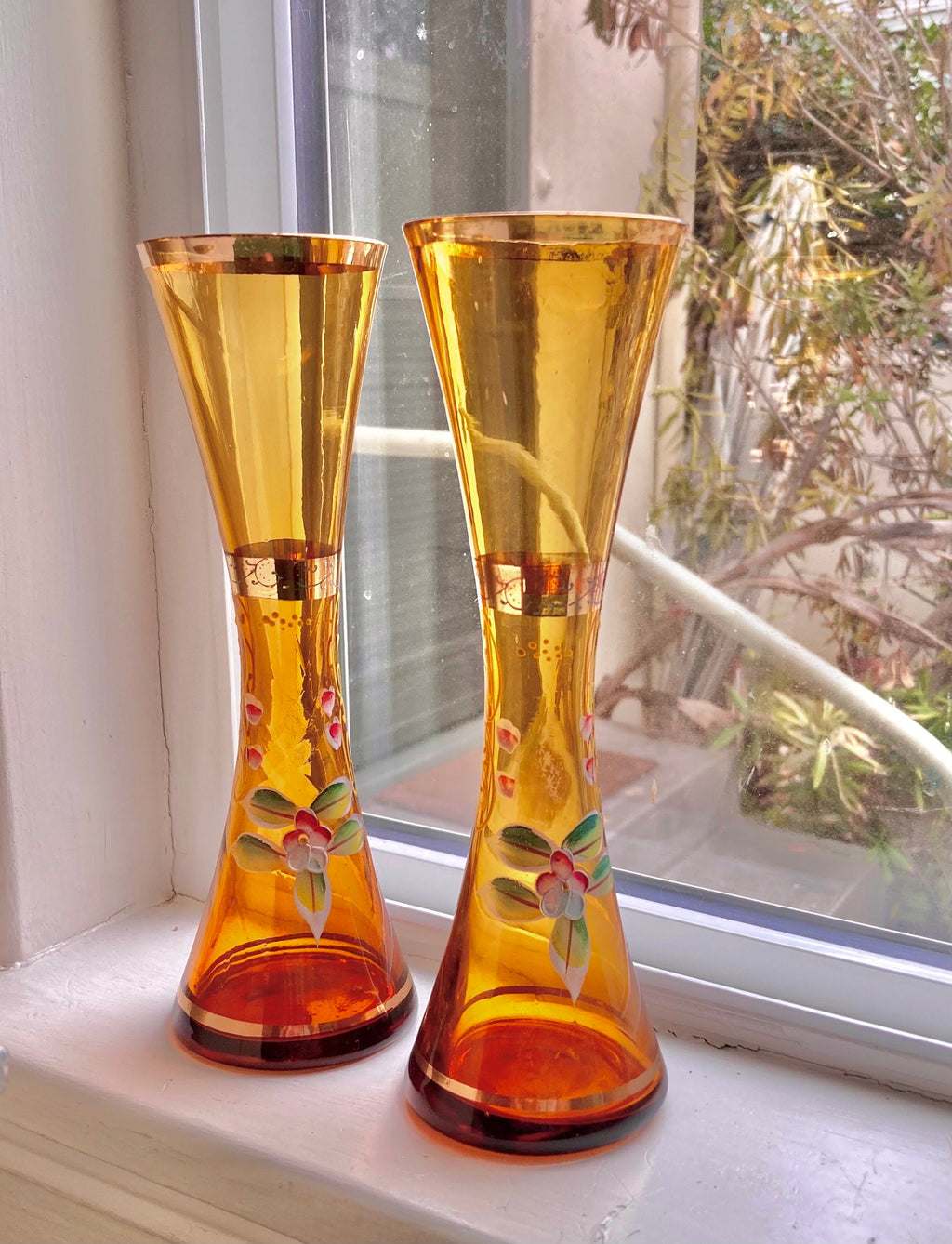 Vintage Bohemian Czech Amber and Brown Gilt Glass Vases - Choose from 2 styles