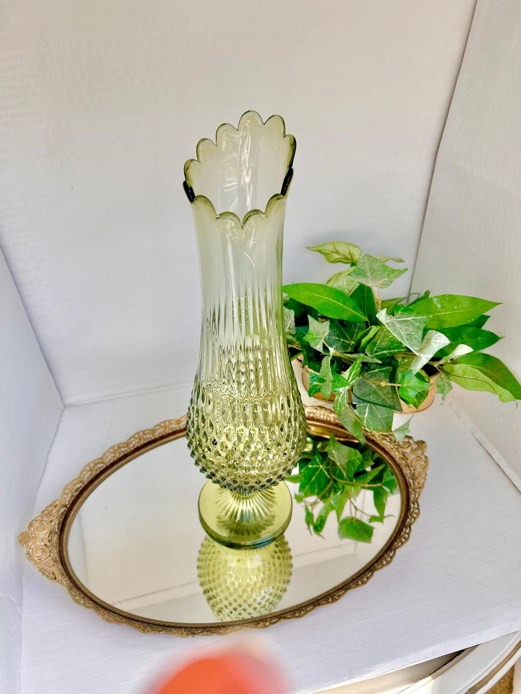 Mid-Century Fenton 17 inch Glass Swung Vase: Avocado Green Hobnail, 1960s
