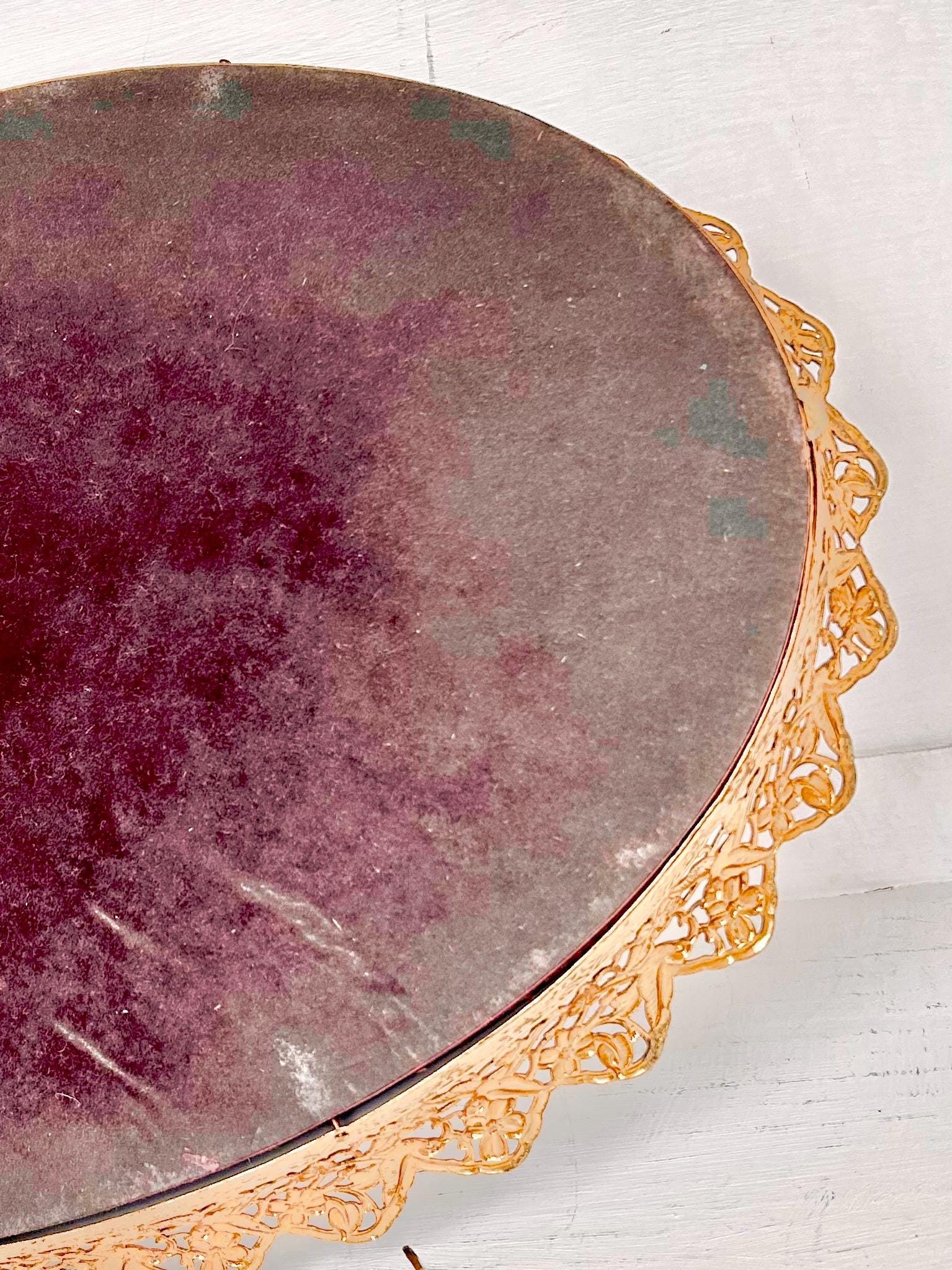 Vintage Gilt Oval Mirror Tray: Gold Floral Bird Frame