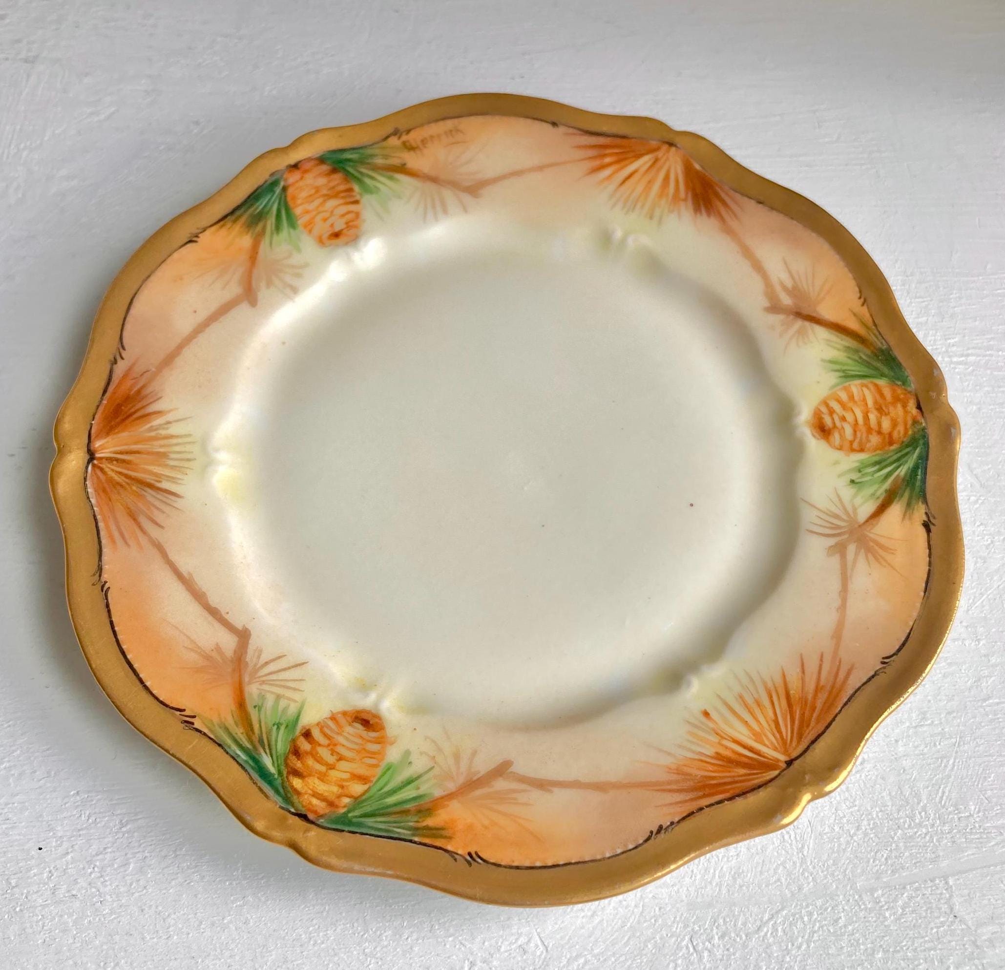 Antique Limoges Bread Plate – Hand-Painted Pine Cone Motif, Gold Rim