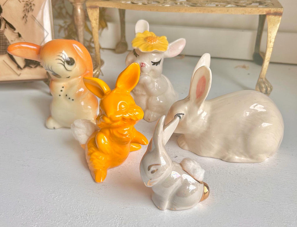 Vintage Ceramic Bunny Figurines: Cottontail Cotton Ball Dispenser