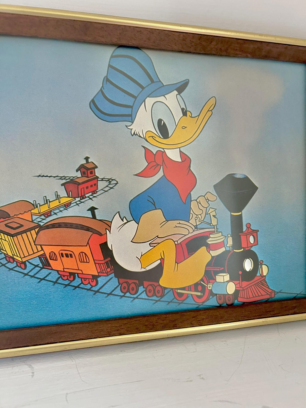 Vintage Donald Duck Print: Toy Train Conductor, Wooden Frame