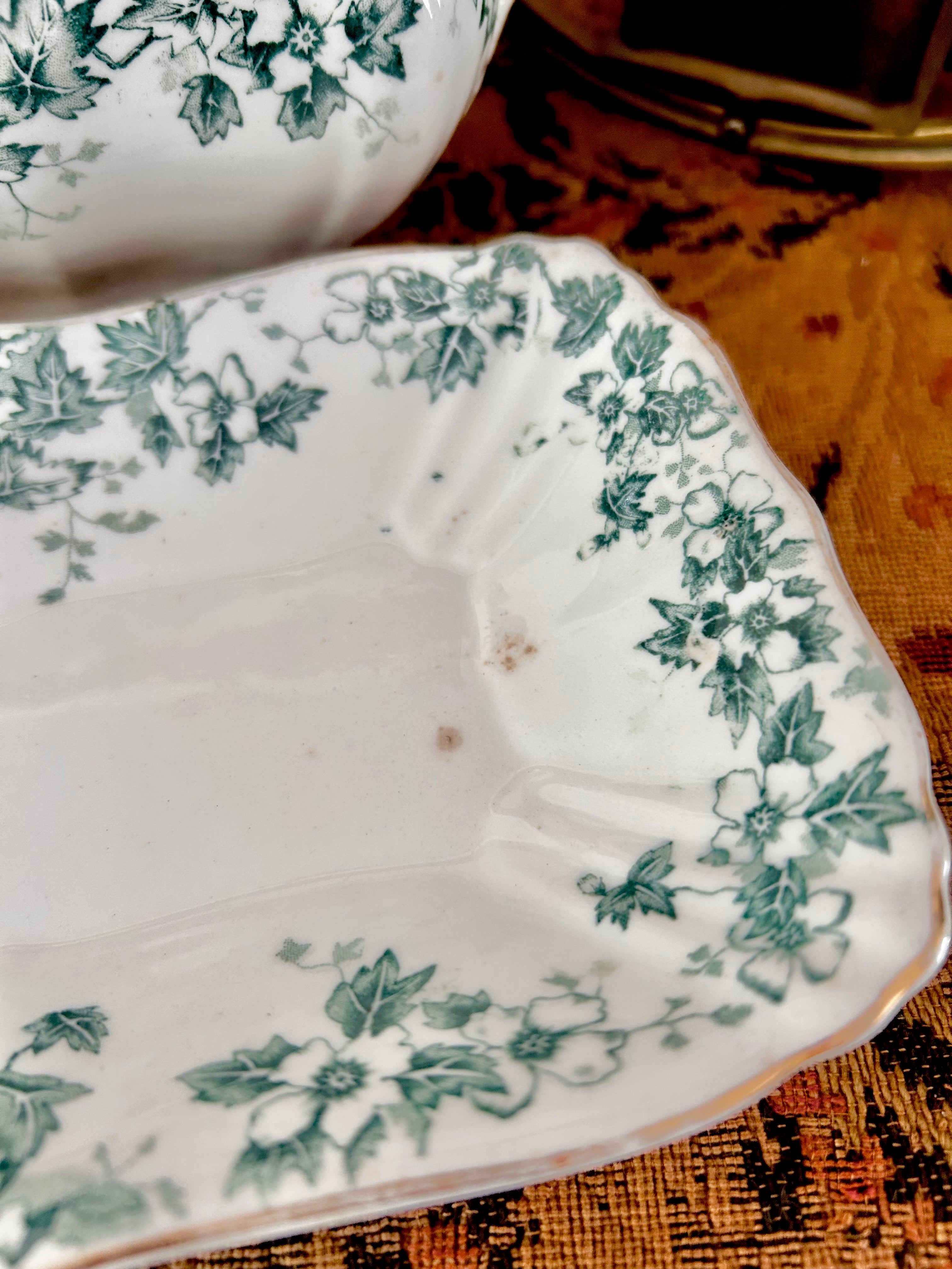 Antique Royal Vitreous Green White Transferware Gravy Boat with Underplate