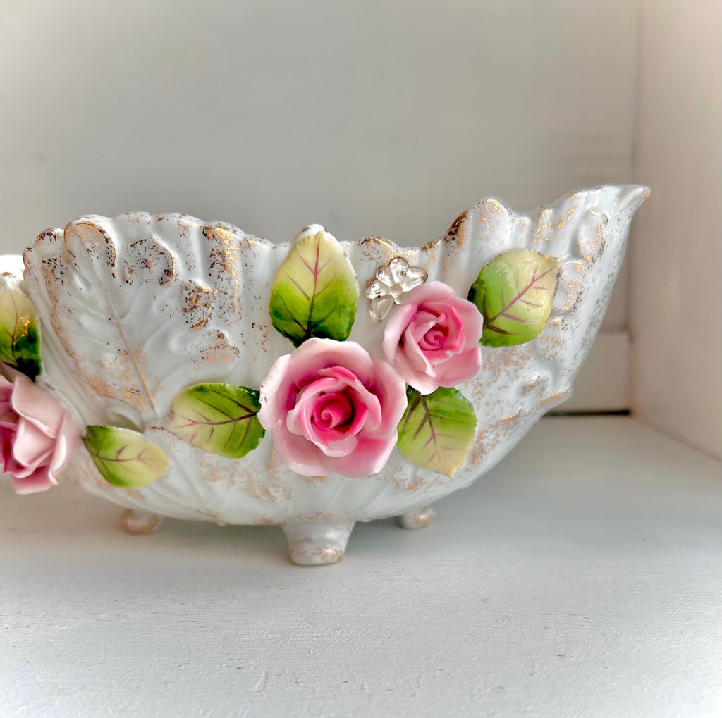 Vintage LEFTON Ceramic Footed Bowl: Pink Roses, Rhinestone Butterflies