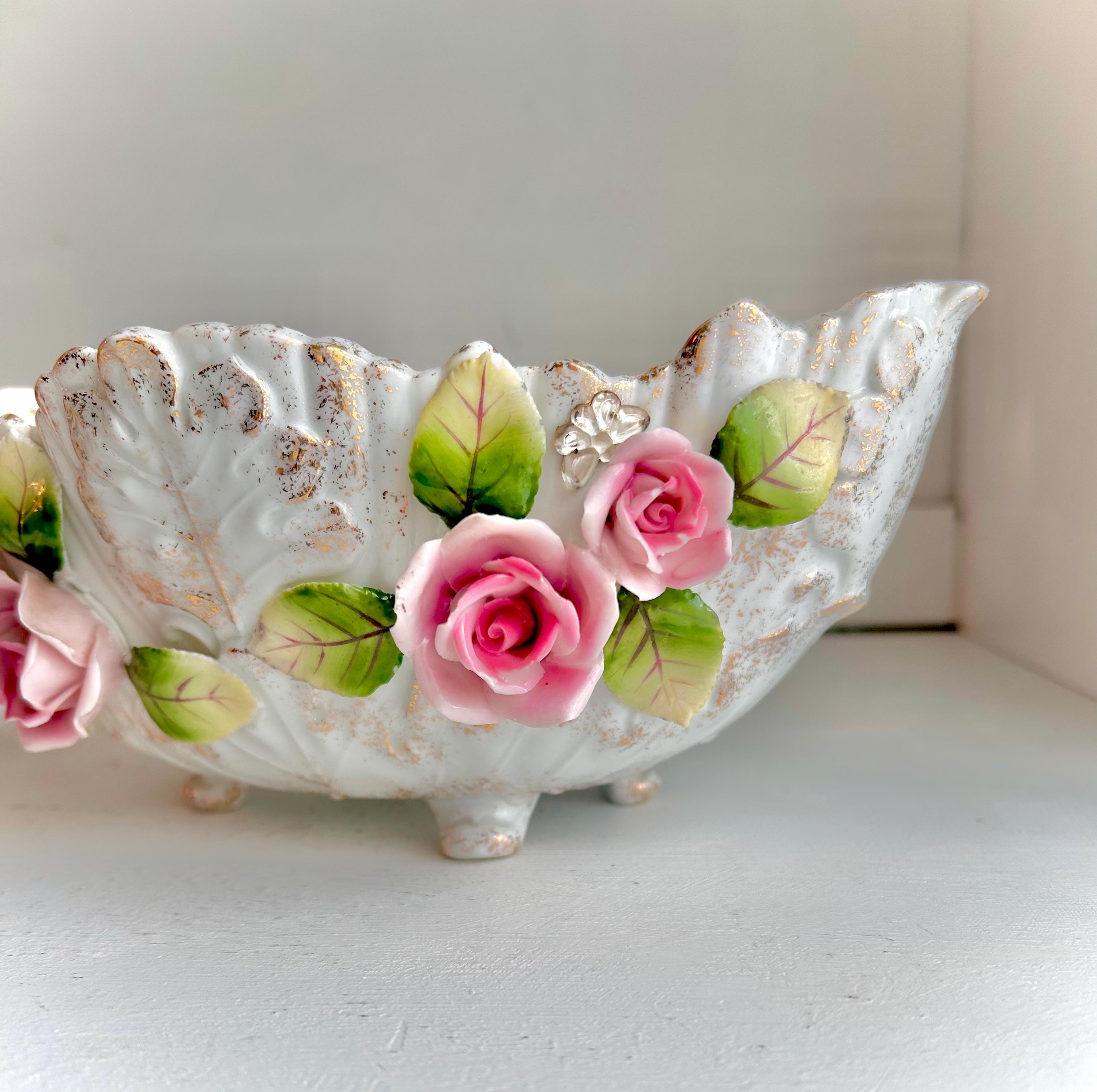 Vintage LEFTON Ceramic Footed Bowl: Pink Roses, Rhinestone Butterflies