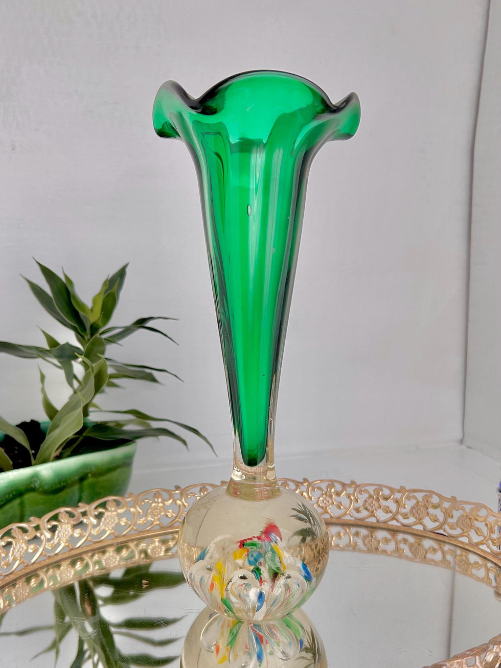 Vintage Kreis Art Glass Vase: Millefiori & Emerald Green Fluted Rim