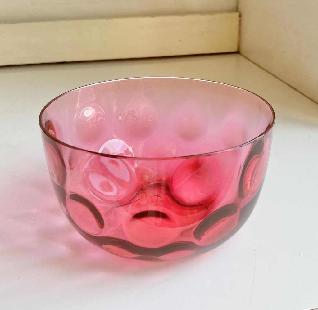 Antique Victorian Amberina Glass Bowl: Reverse Thumbprint Coin Dot