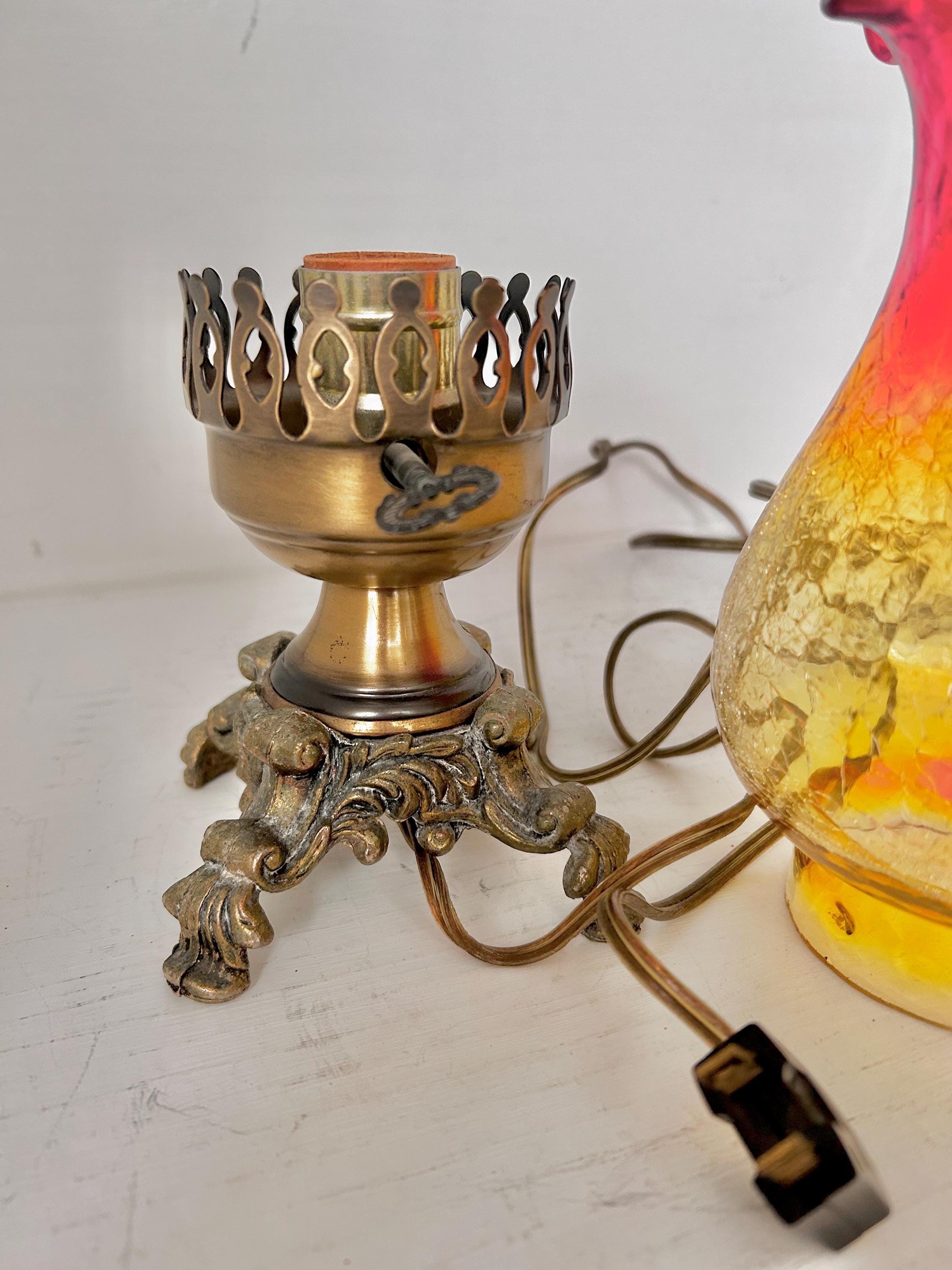 Vintage Amberina Crackle Glass Electric Hurricane Lamp: Brass Base, Ruffled Shade
