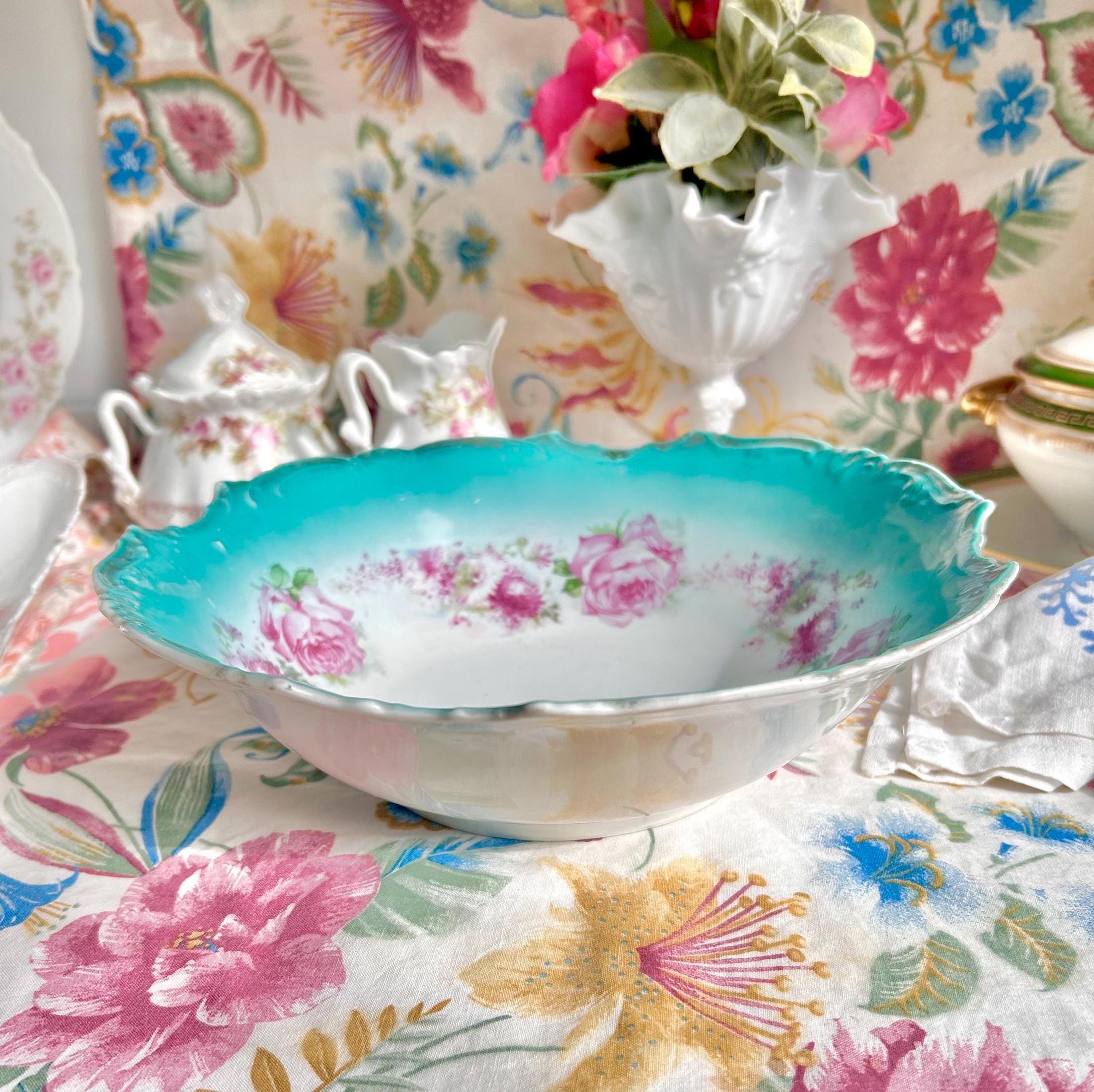 Vintage Porcelain Serving Bowl: Teal Rim, Rose Garland, Scalloped Edge (10-inch)