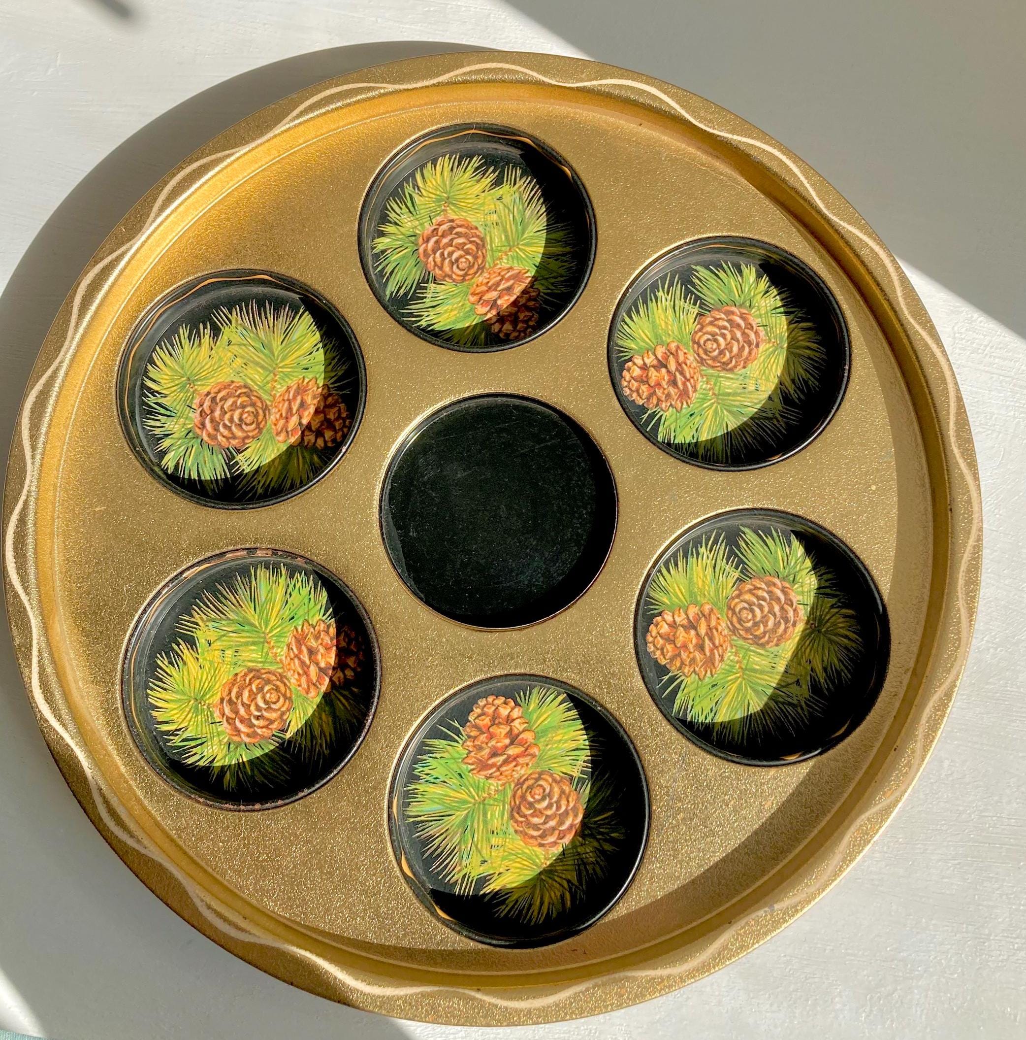 Vintage Kitsch Pinecone Drinks Tray: Painted Aluminum Cabin Decor