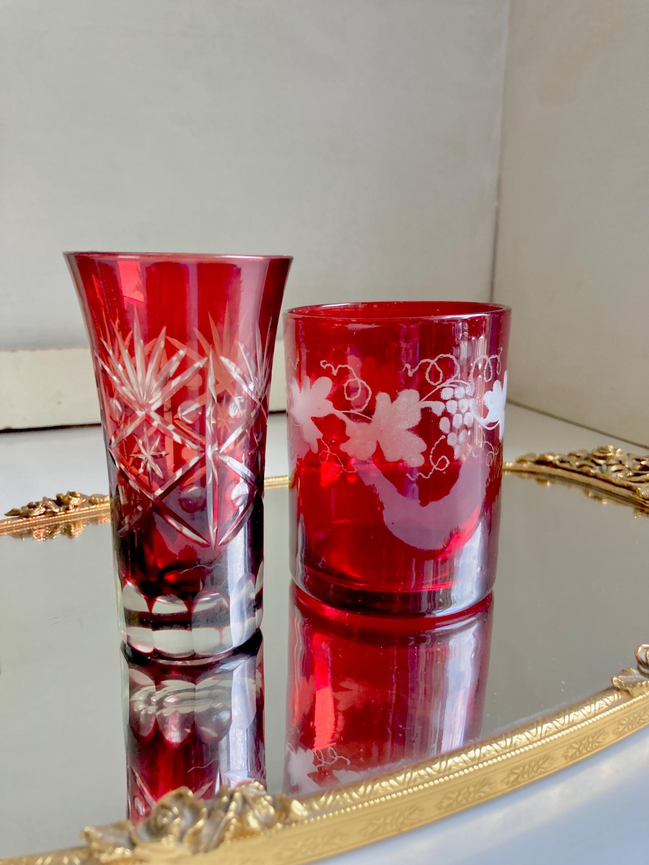 Vintage Ruby Red Flashed Etched/Cut-to-Clear Bohemian Glasses-choose from 2