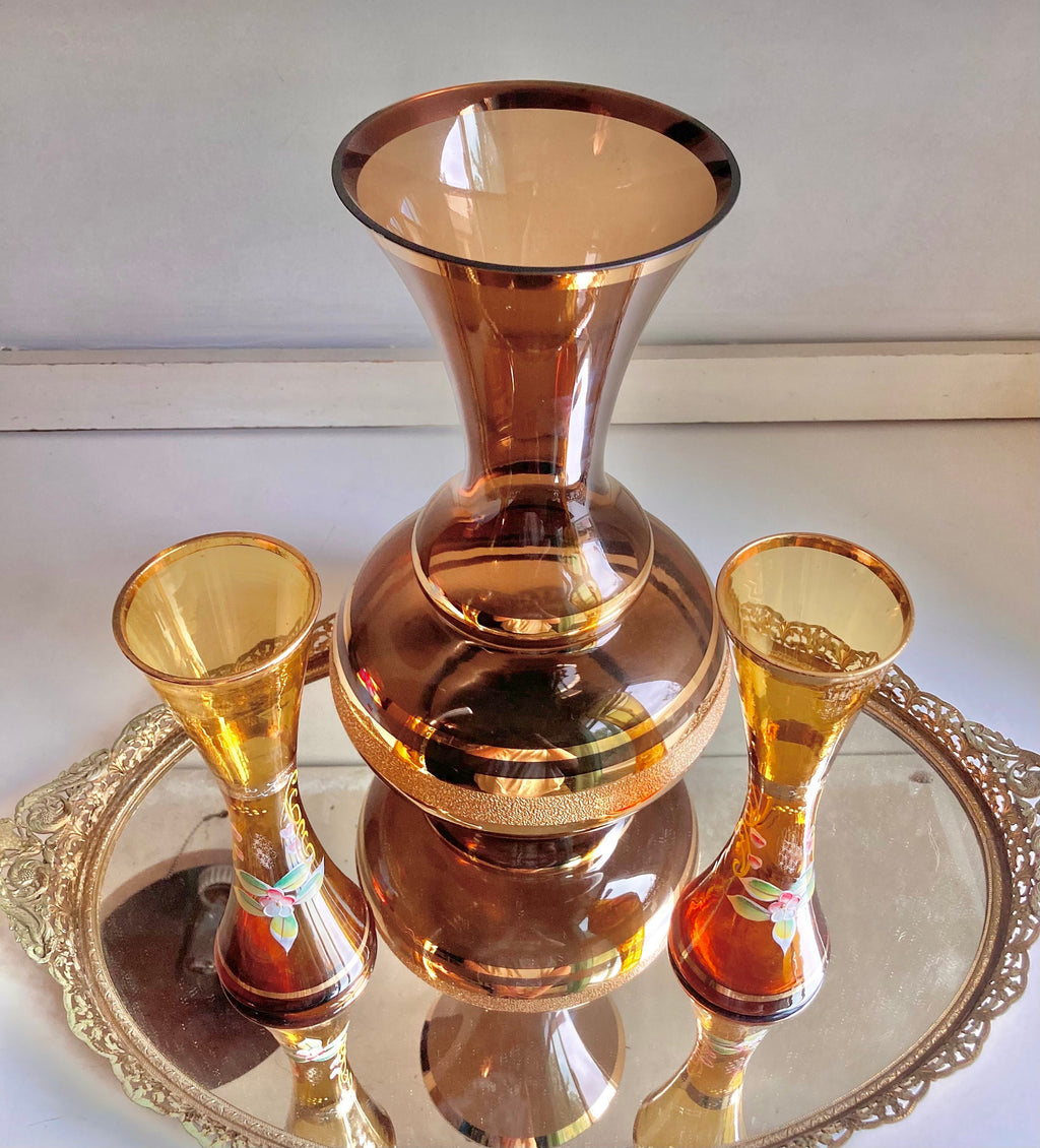 Vintage Bohemian Czech Amber and Brown Gilt Glass Vases - Choose from 2 styles