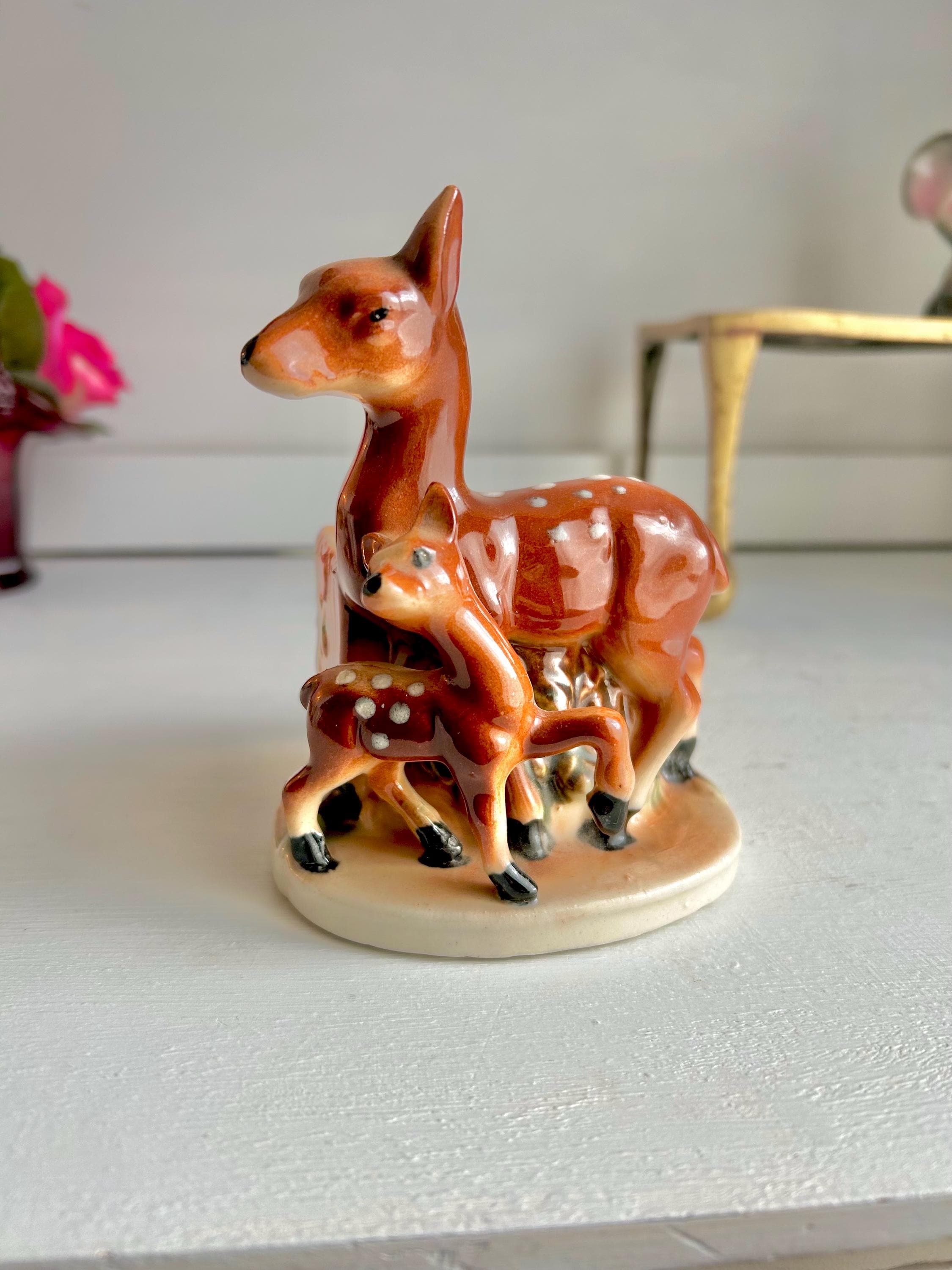 Vintage Ceramic Deer Planter: Mid-Century Doe and Fawn Flower Container