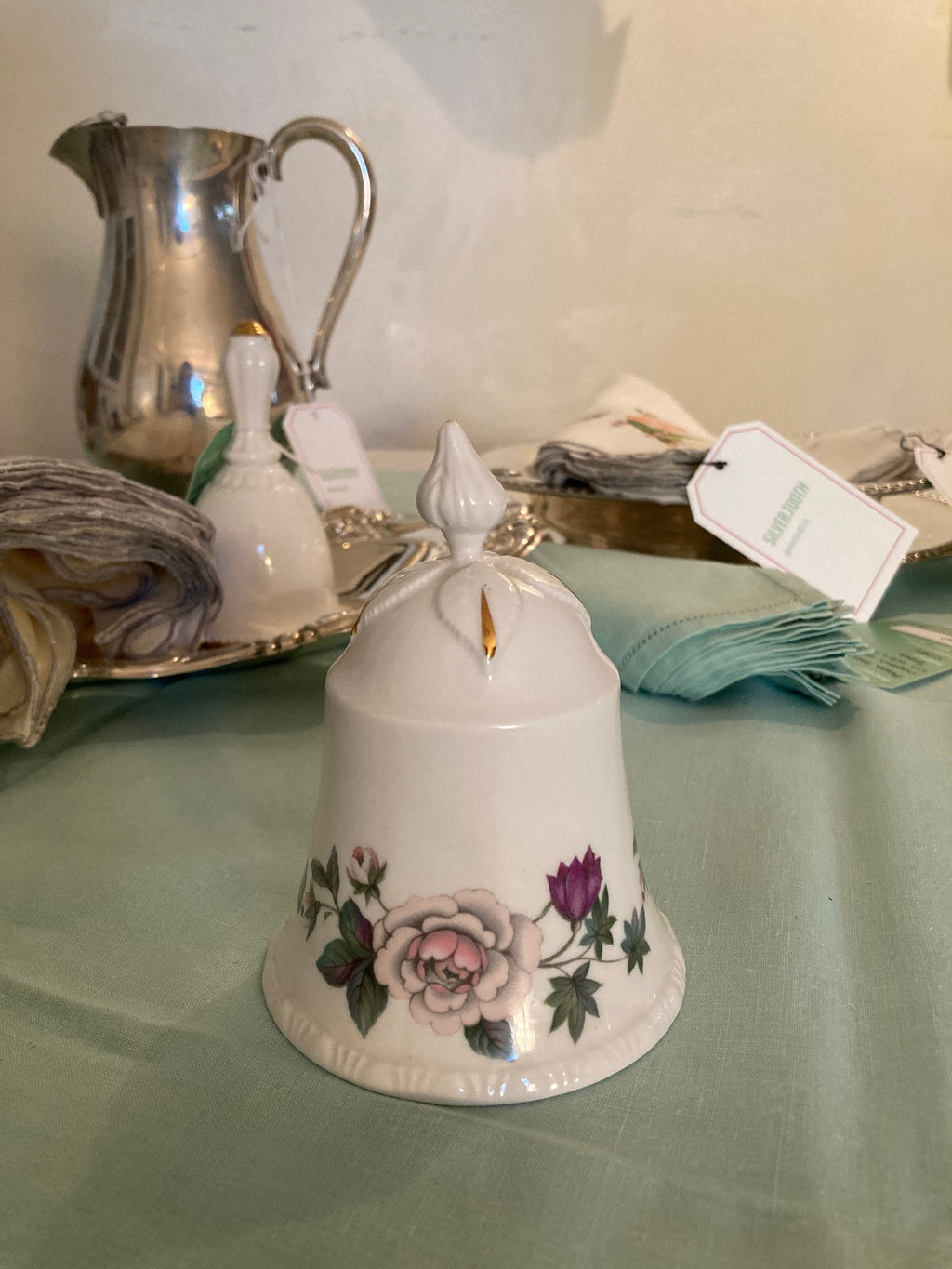 Vintage Bone China Bell - Purple Roses and White