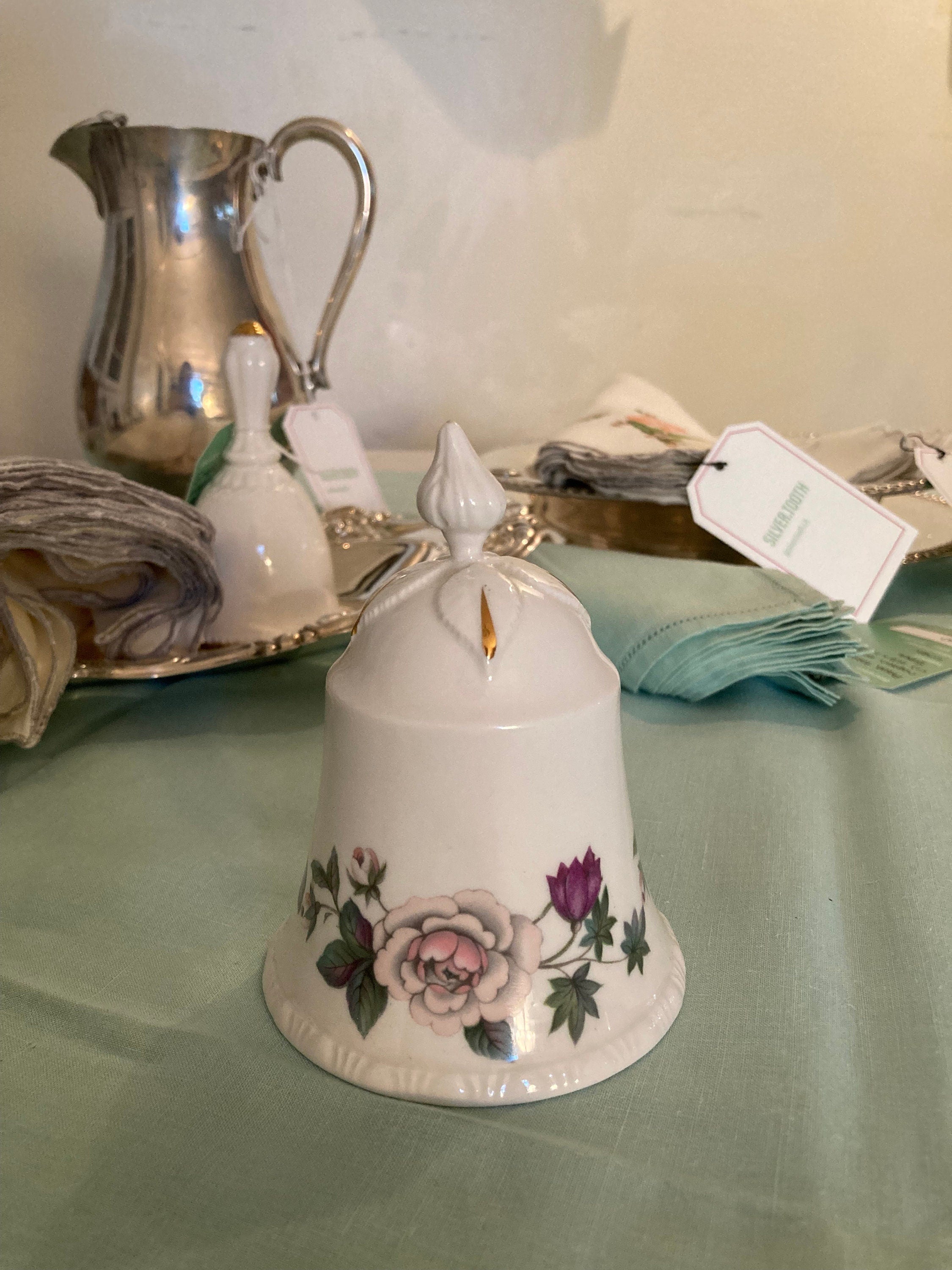 Vintage Bone China Bell - Purple Roses and White