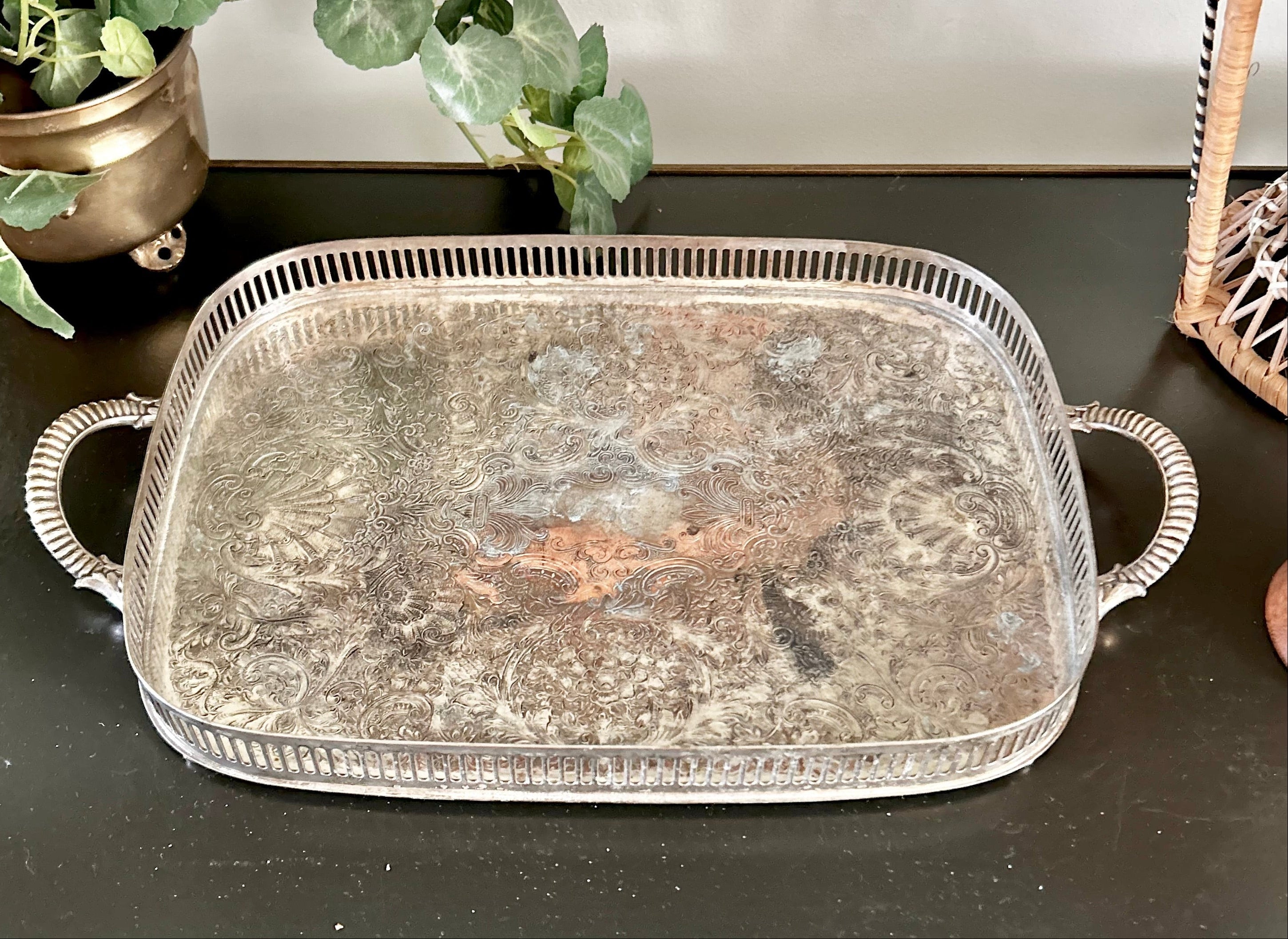 Small Vintage Silver plate Tray with Reticulated Raised Rim