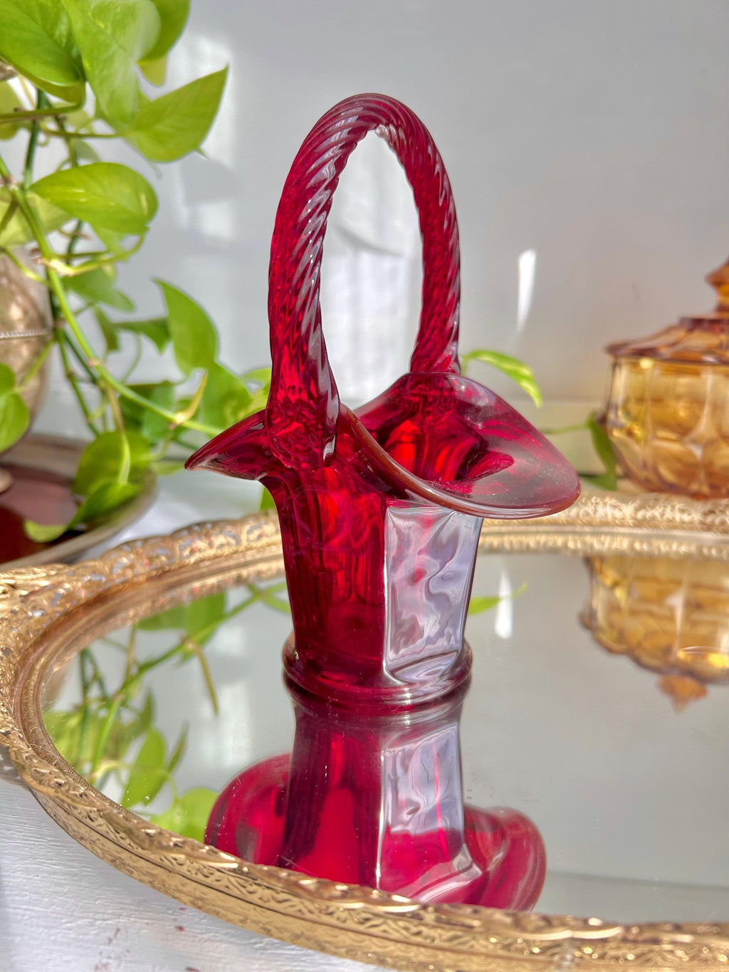 Vintage Fenton Ruby Red Glass Basket: Twisted Rope Handle, Paneled Design