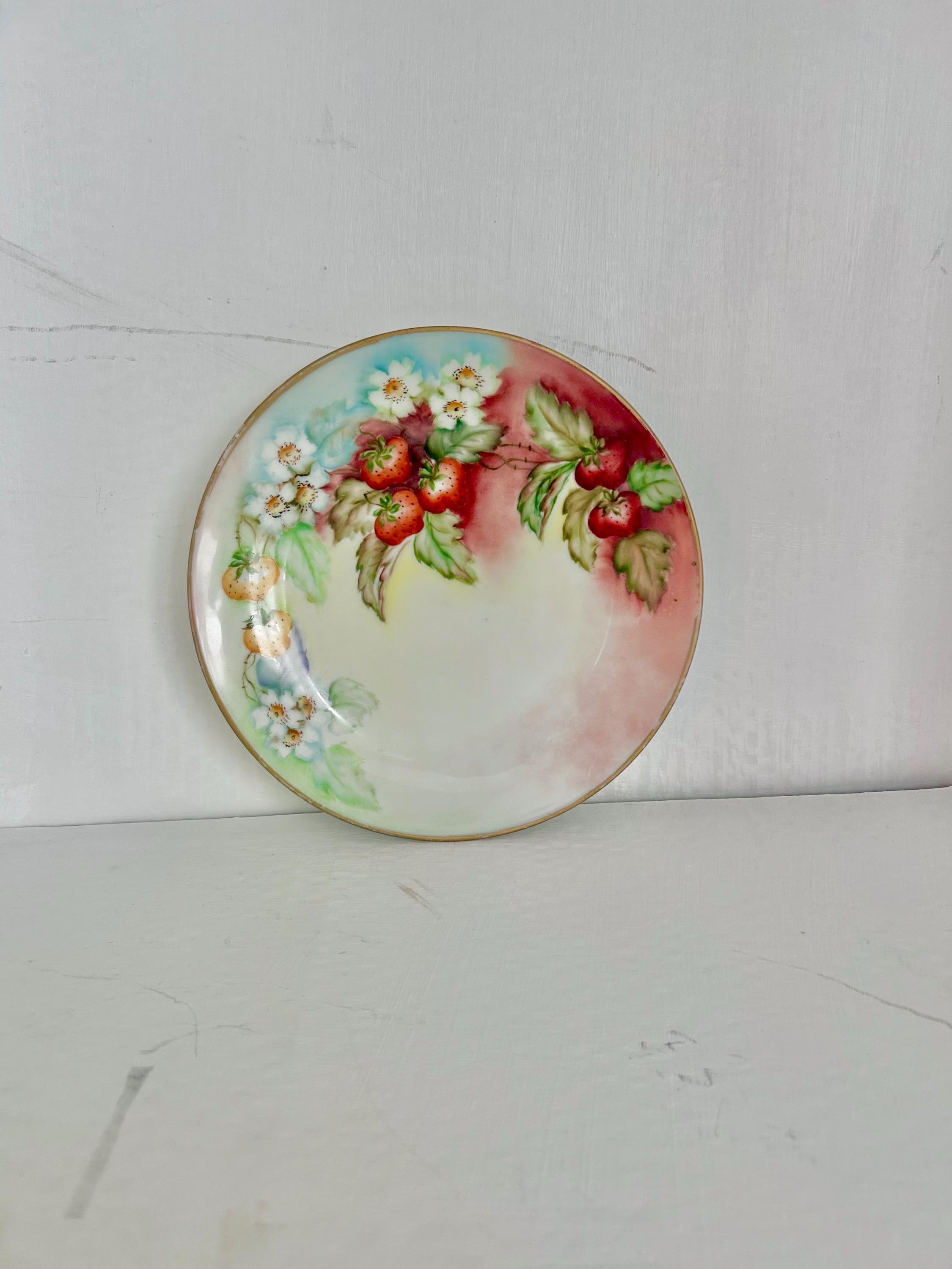 William Guerin & Co Limoges Porcelain Plate with Handpainted Strawberries
