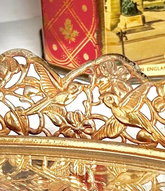 Vintage Gilt Oval Mirror Tray: Gold Floral Bird Frame