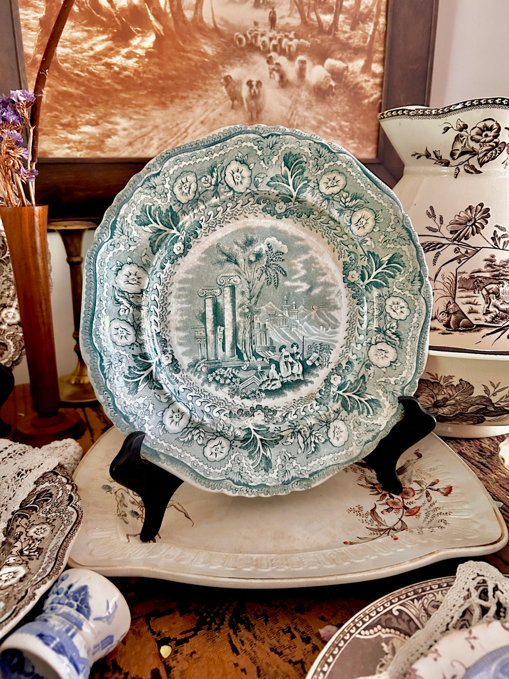 Antique Stained Worn Ironstone Transferware Dishes