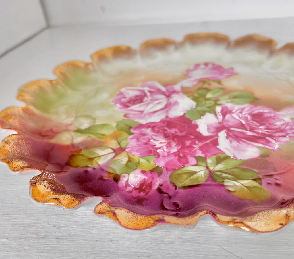 Vintage Transferware Porcelain Plate with Pink Roses