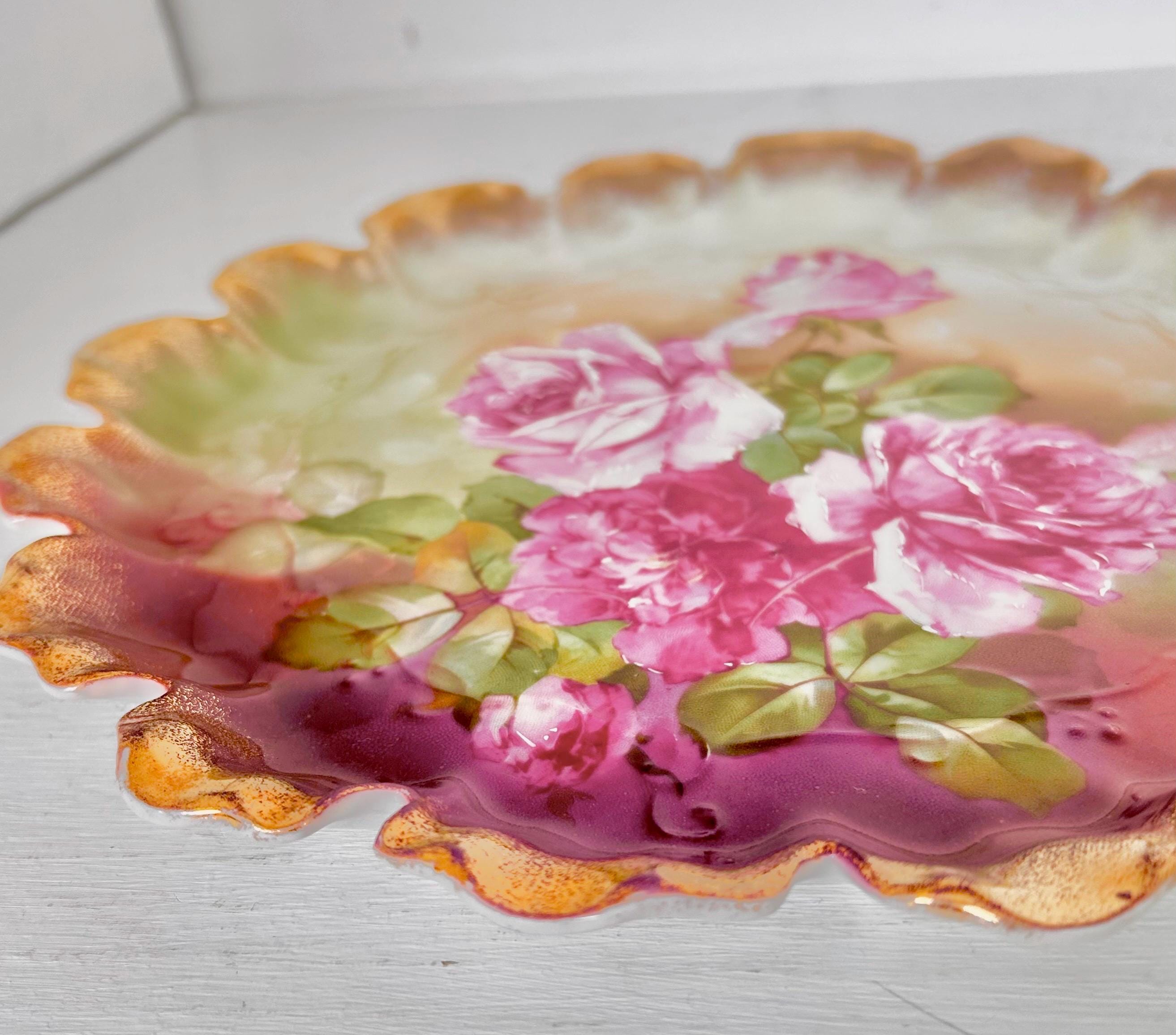Vintage Transferware Porcelain Plate with Pink Roses