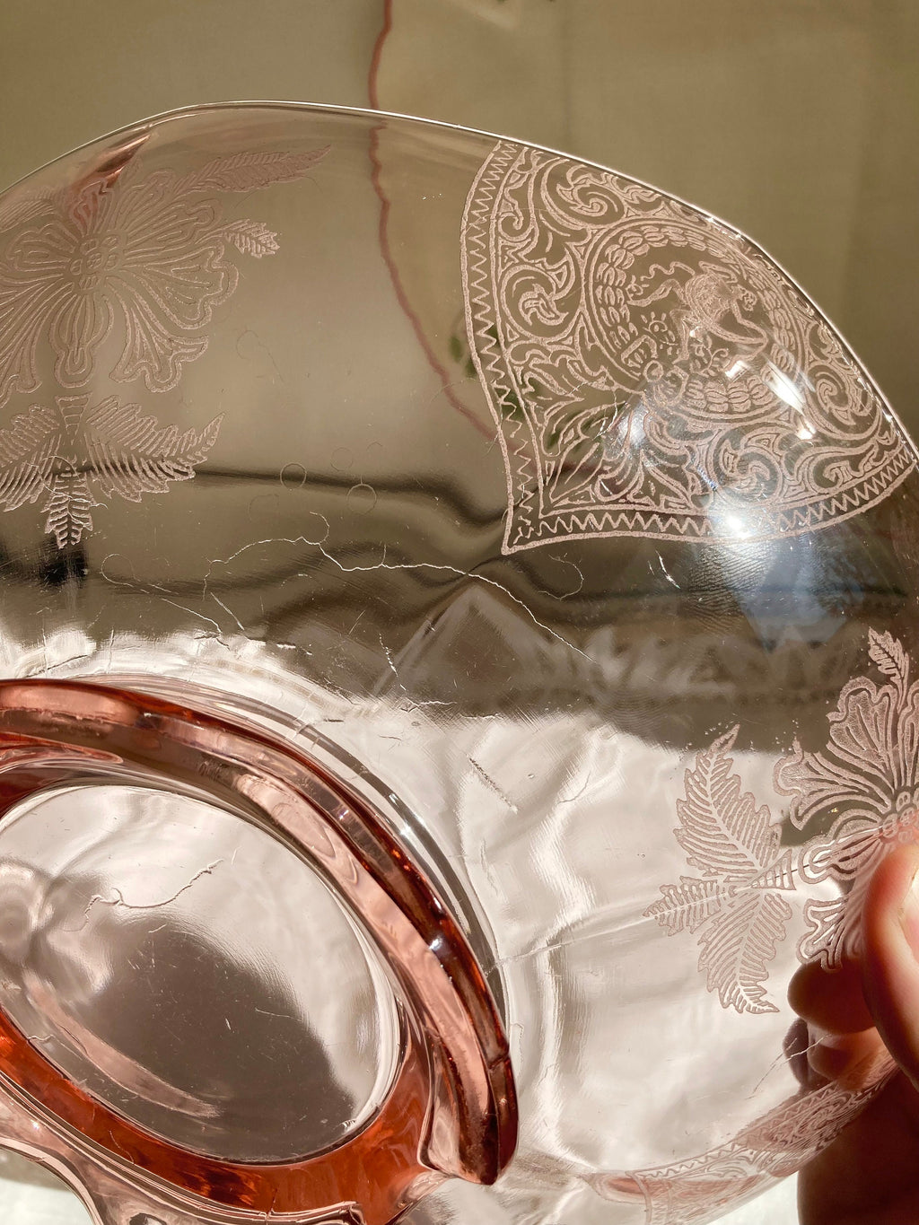 Pink Depression Glass Bowl - Etched Flowers, Dancing Nudes, Octagonal