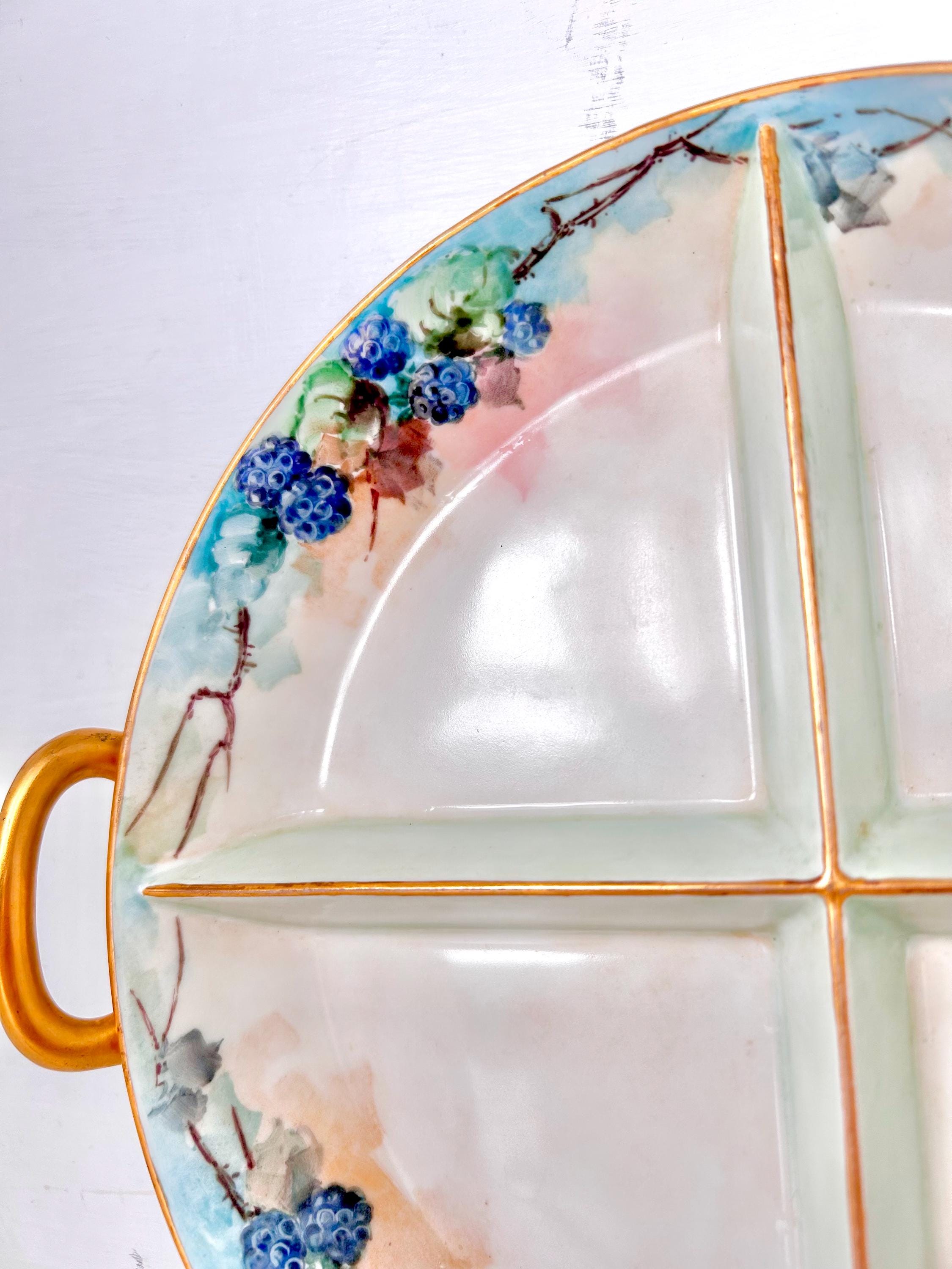 Vintage Noritake Divided Porcelain Dish Hand-painted With Berries