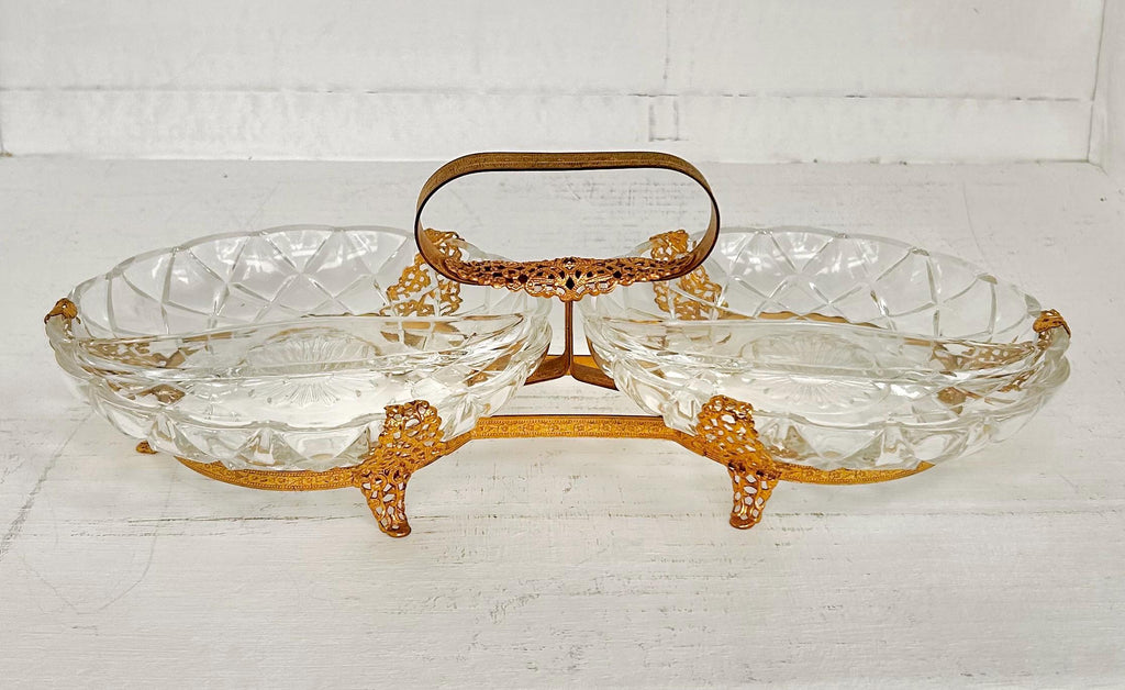 Vintage Gilt Metal & Glass Serving Caddy: Ormolu Double Dish with Handle